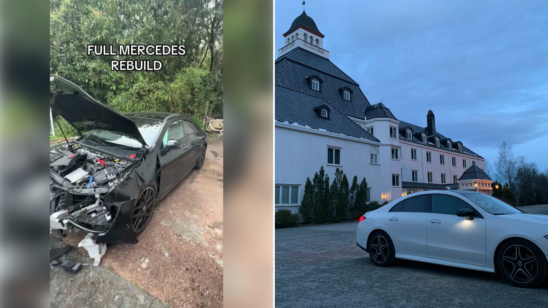 Left: cover still from a TikTok video by @baptiste.cars. Right: a white Mercedes coupe parked beside a building (Unsplash photo by Nihon Graphy).
