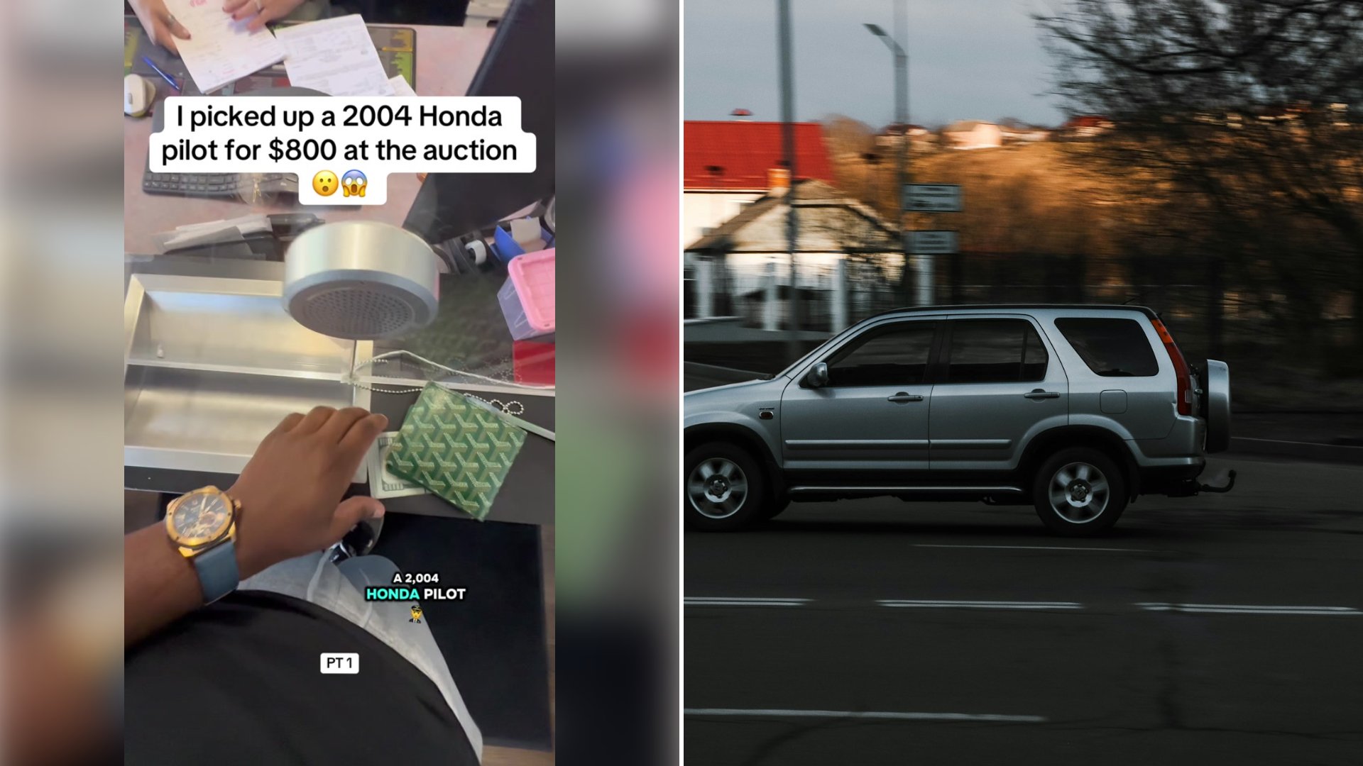 Left: cover still from a TikTok video by @thegoldenwealth. Right: a silver SUV on a road (Unsplash photo by Liubomyr Vovchak).