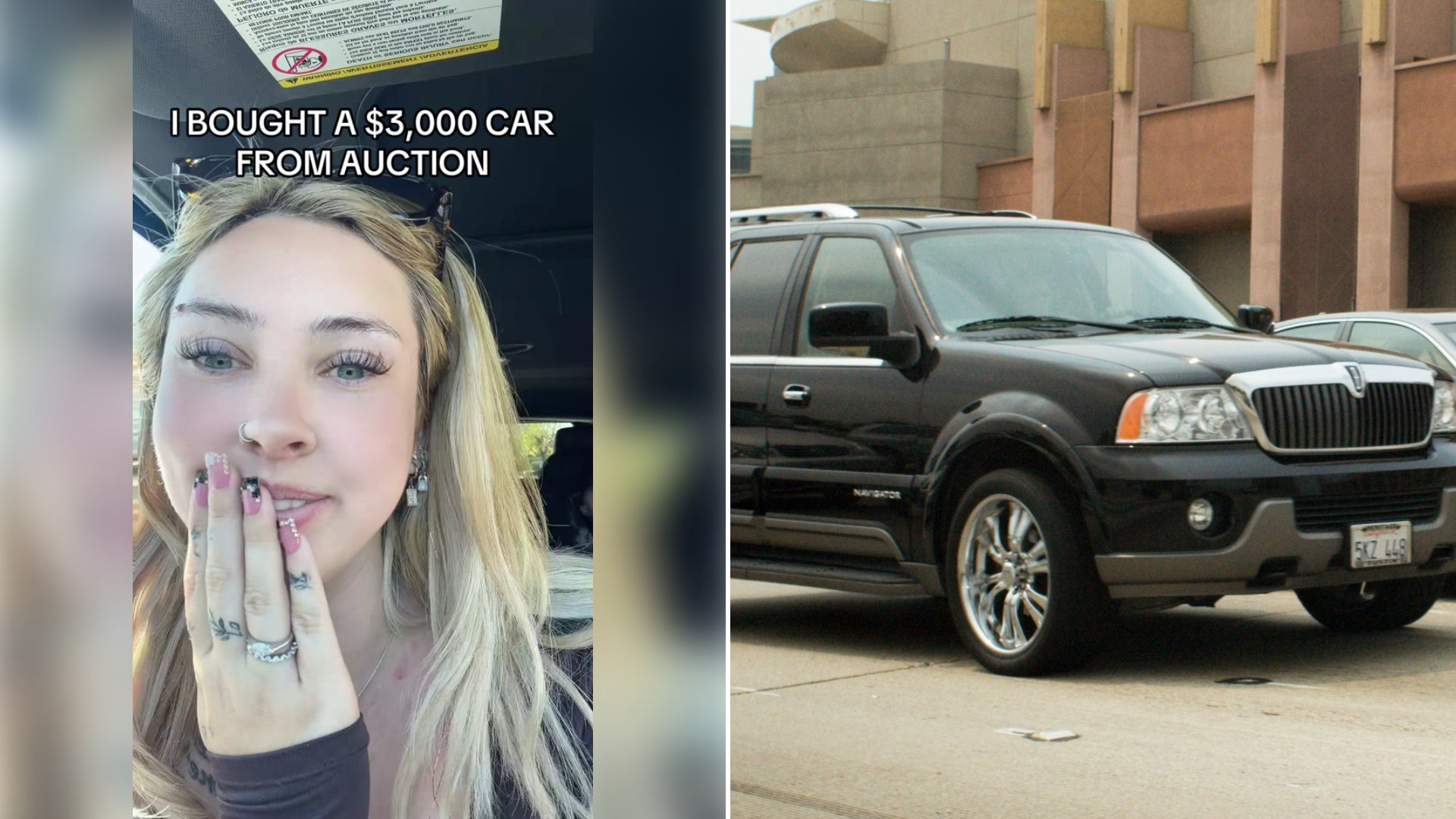 Left: cover still from a TikTok video by @koyahna. Right: a black Lincoln Navigator driving on a city street (Unsplash photo by Dan Williams).