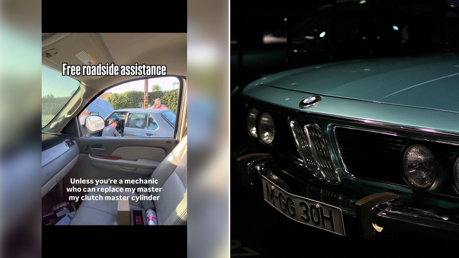Left: cover still from an Instagram reel by @curbside_brakes_bakersfield. Right: a classic teal BMW (Unsplash photo by Mélody P).