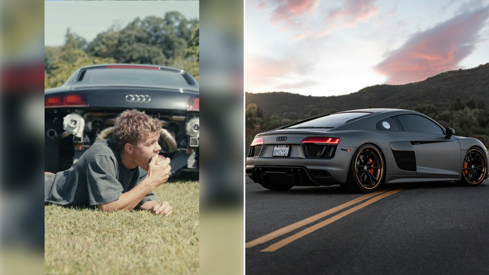 Left: cover still from a TikTok video by @c6kid. Right: a matte grey Audi R8 sports car on a winding road at golden hour (Unsplash photo by Tyler Clemmensen).