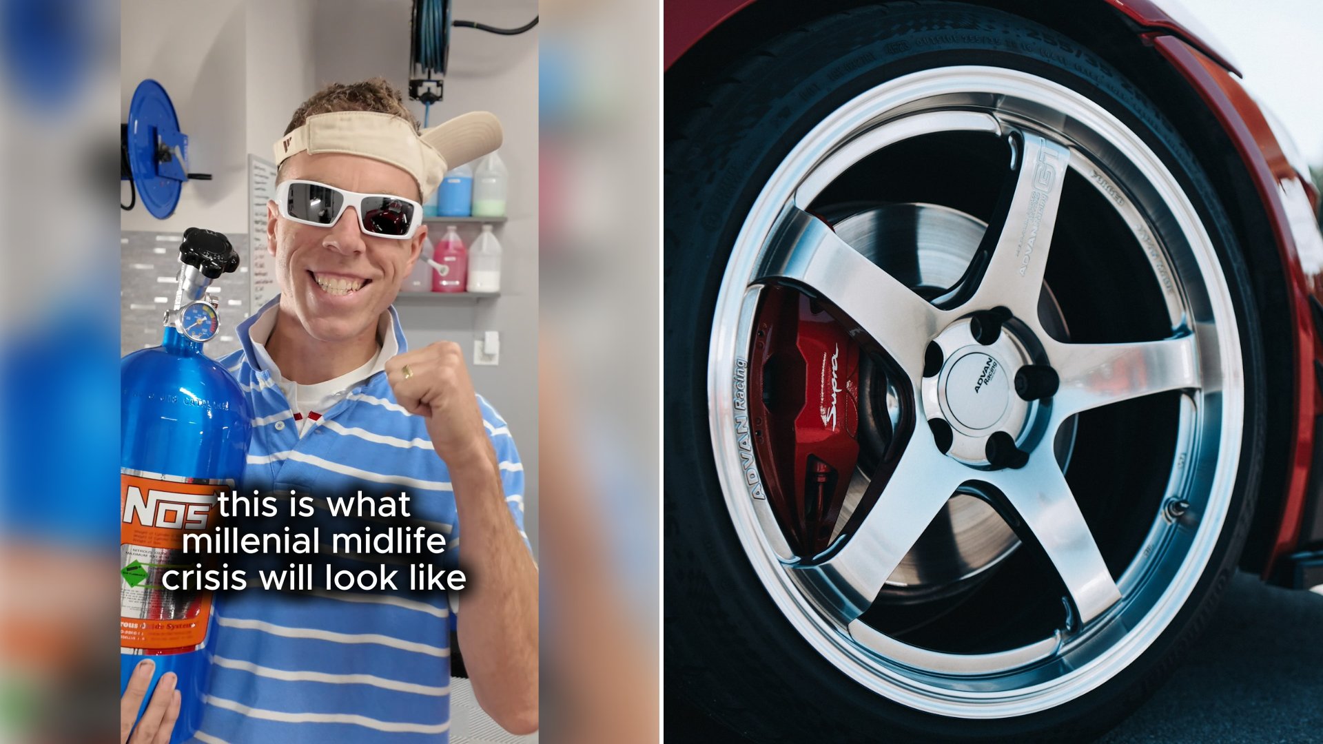 Left: cover still from an Instagram reel by @oaklandautodetail. Right: a red car wheel with red brake calipers (Unsplash photo by Ian Edokov).