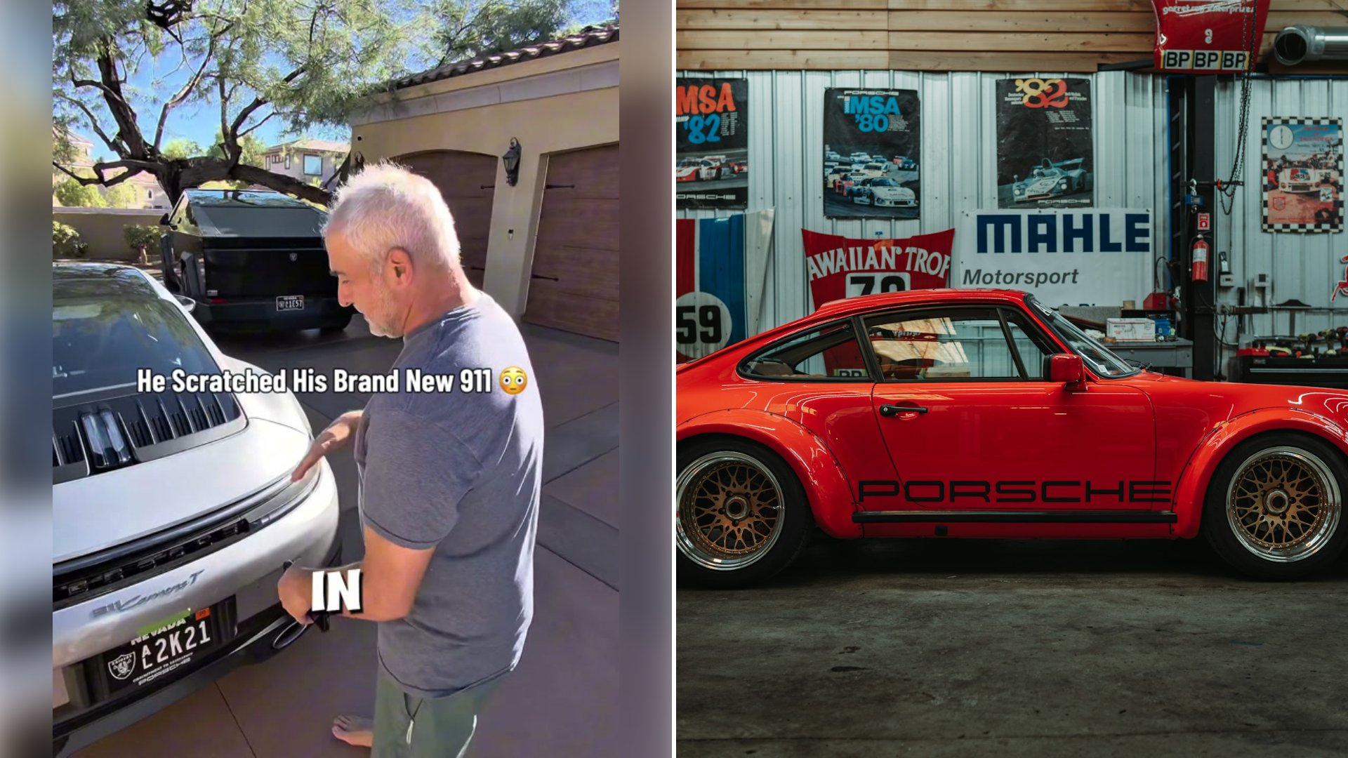 Left: cover still from a TikTok video by @denttechlv. Right: a red Porsche parked in a garage (Unsplash photo by Bradikan).