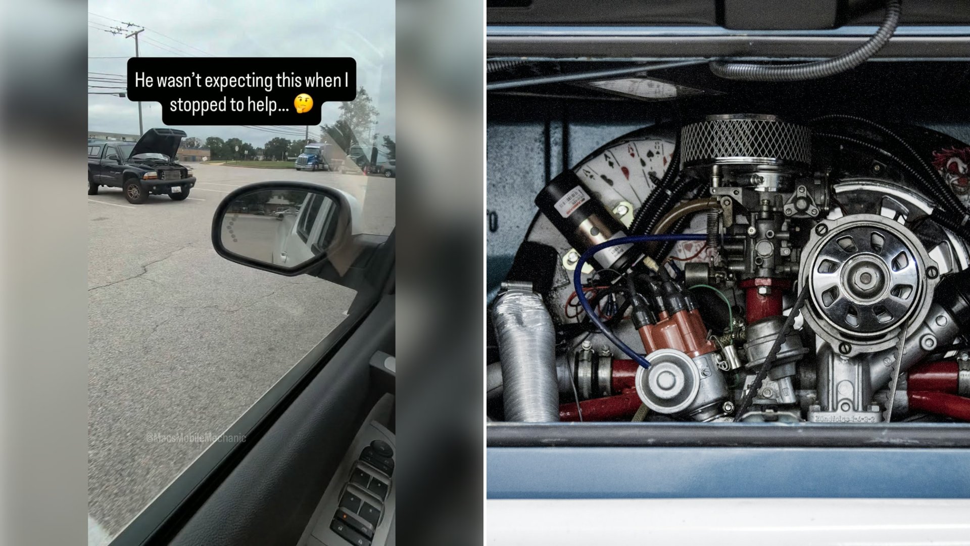 Left: cover still from an Instagram reel by @macsmobilemechanic. Right: a vehicle engine bay (Unsplash photo by lee attwood).