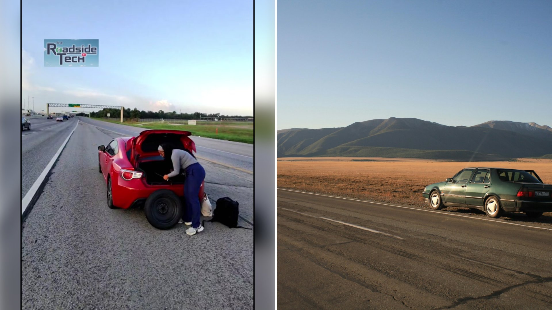 Left: cover still from a TikTok video by @theroadsidetech. Right: a sedan parked on the shoulder of a road through a field (Unsplash photo by MIROV).