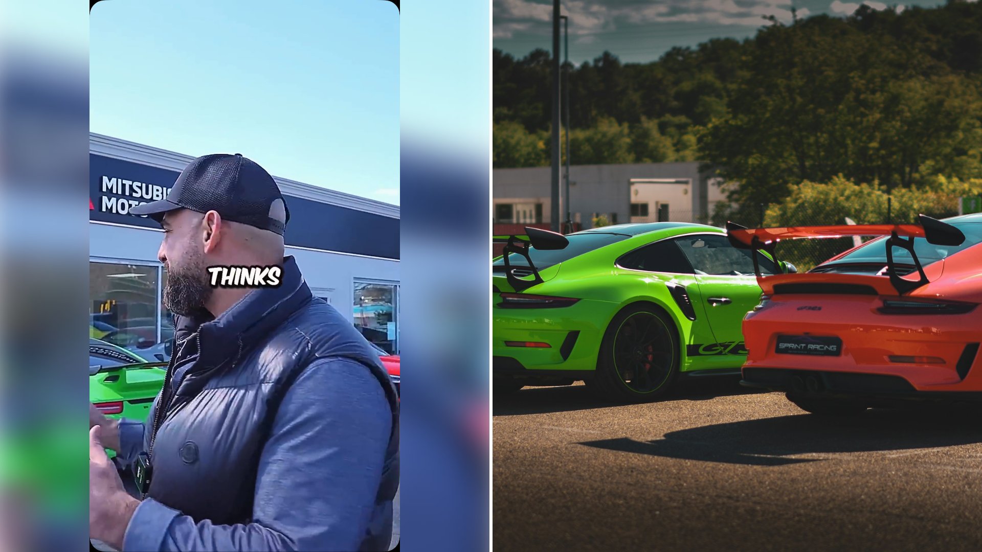 Left: cover still from an Instagram reel by @georgejsaliba. Right: two sports cars, one green and one orange (Unsplash photo by Baptiste Régnier).