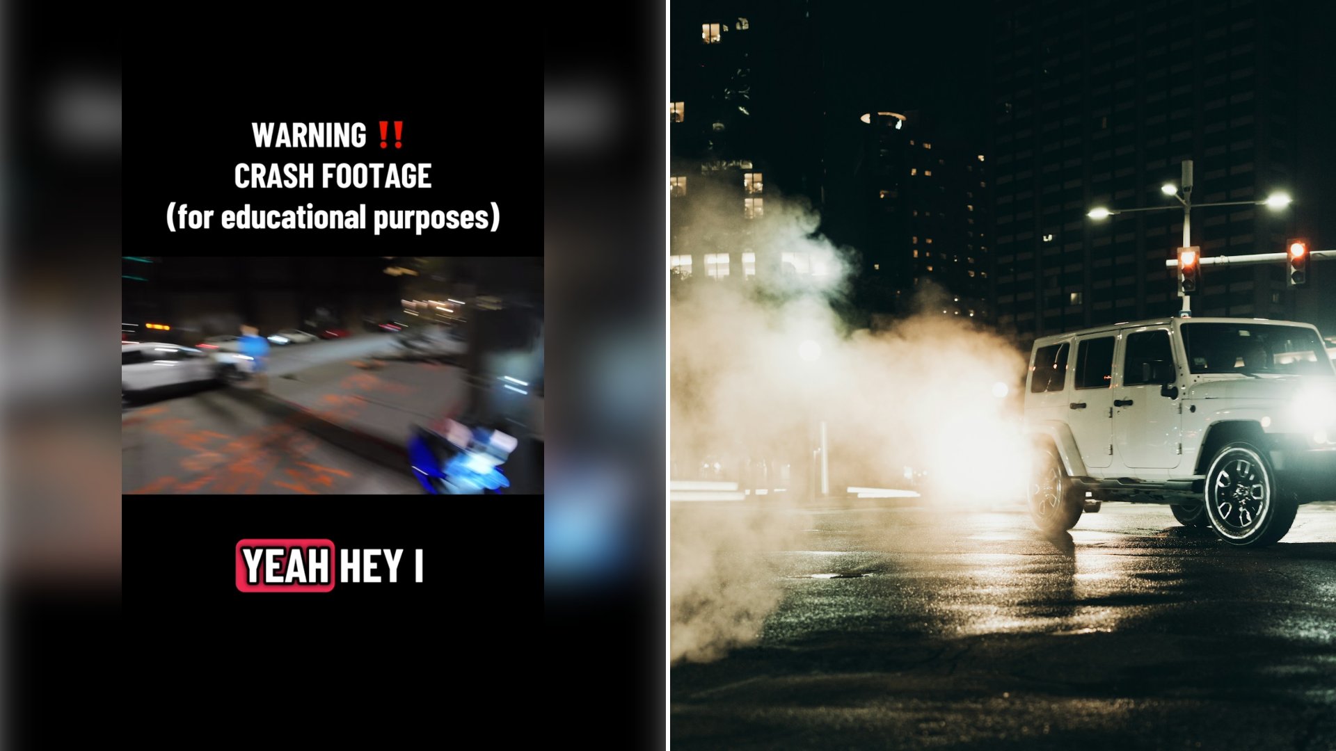Left: cover still from an Instagram reel by @ziemer.675. Right: a white SUV on a road at night (Unsplash photo by Raul De Los Santos).
