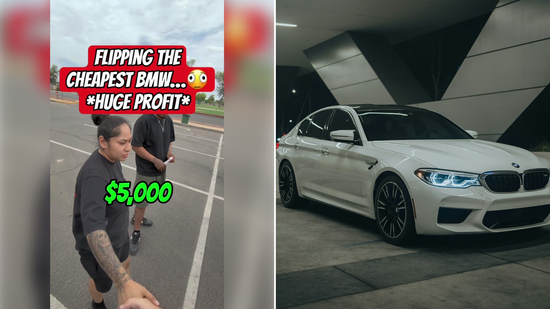 Left: cover still from a TikTok video by @tyautoinvestments. Right: a white BMW M5 parked in a garage (Unsplash photo by Chris Saran).