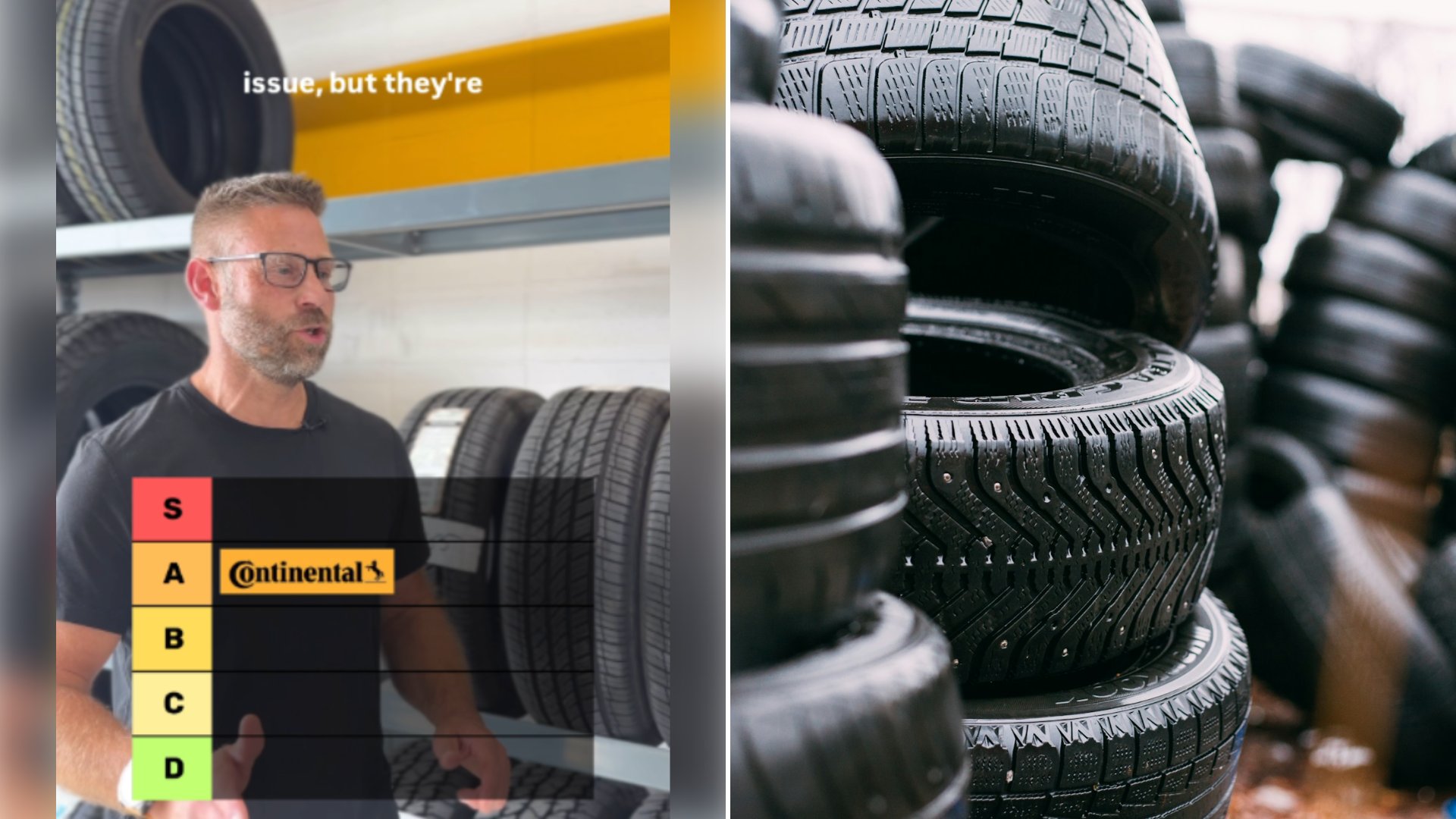 Left: cover still from a TikTok video by @econolube. Right: piles of car tires (Unsplash photo by Robert Laursoo).