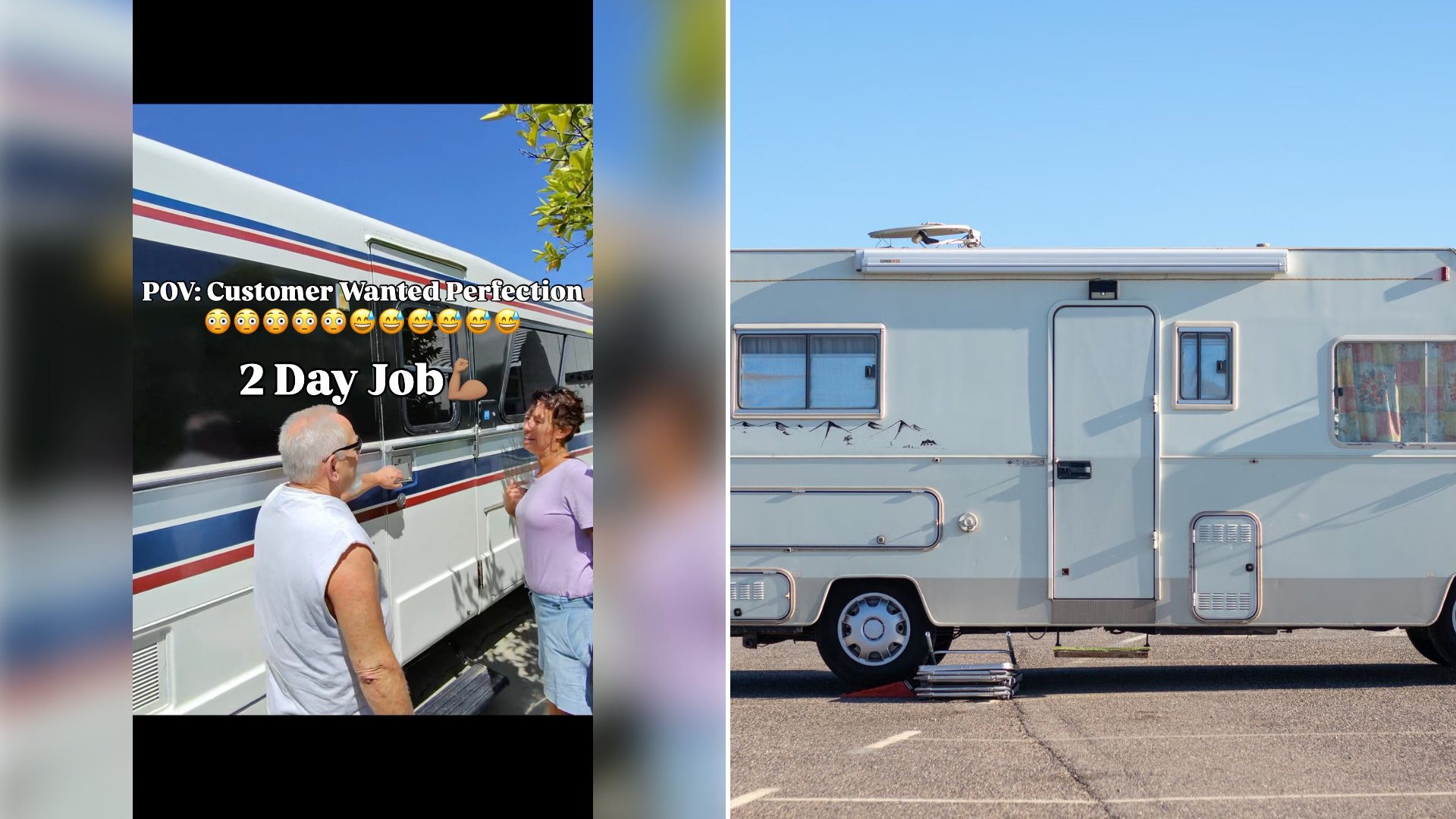 Left: cover still from an Instagram reel by @walkersmobiledetailing. Right: a white camper parked in a lot (Pexels photo by Jordi Clapera Parés).