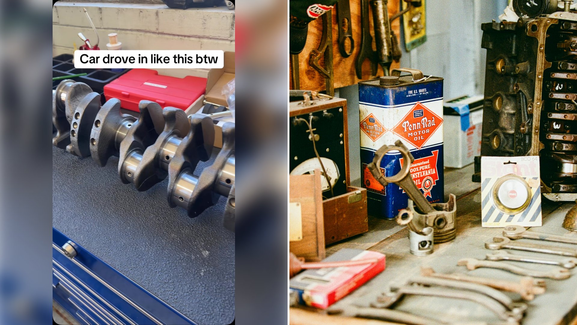 Left: cover still from an Instagram reel by @md.autotech. Right: vintage tools and engine parts on a workbench (Unsplash photo by Chandler Cruttenden).
