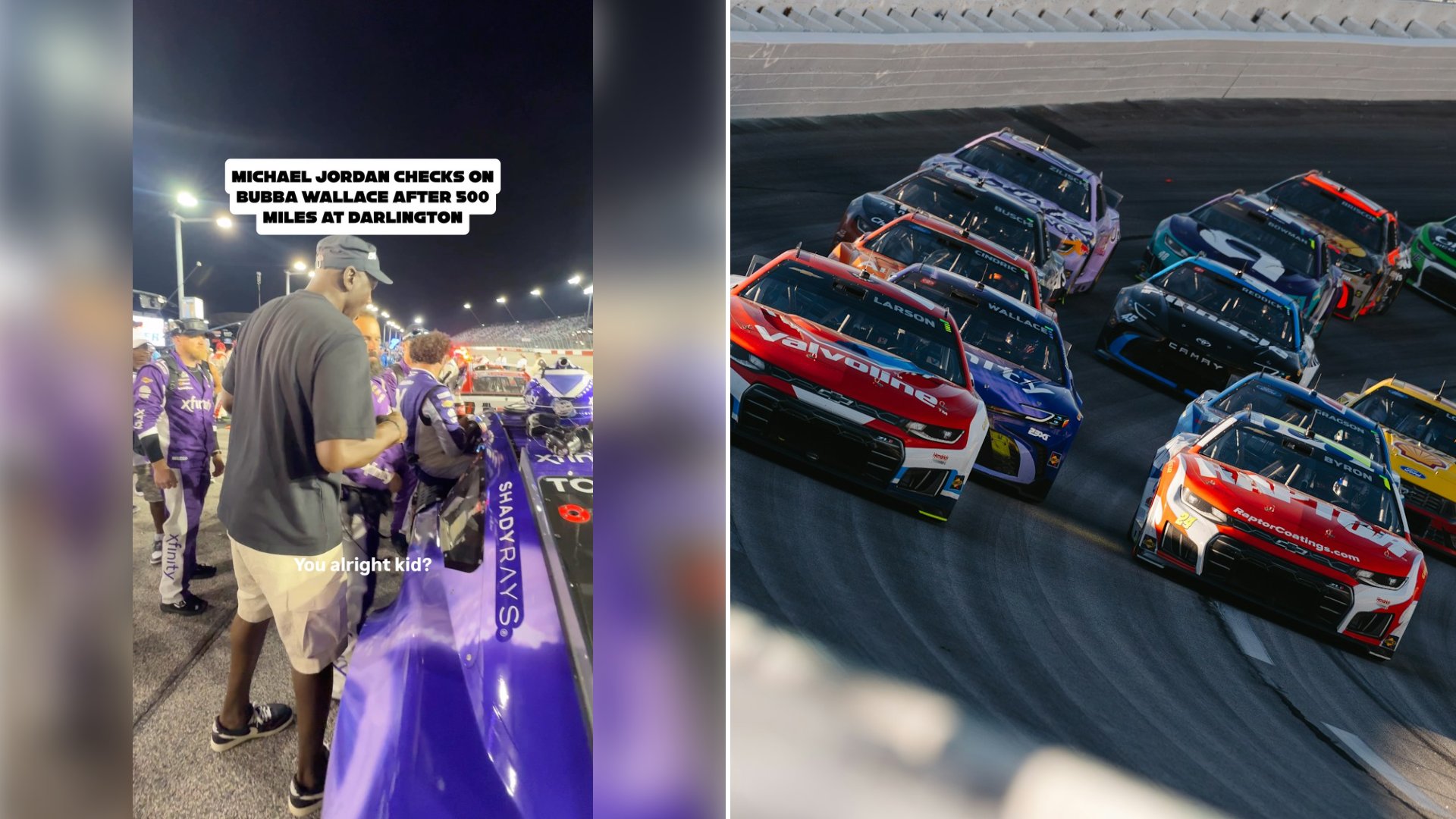 NASCAR Driver Bubba Wallace Leans on His Car After Finishing Eighth in 500 Miles at Darlington, Then Michael Jordan Walks Up, Asks if He Is Alright and Shakes His Hand