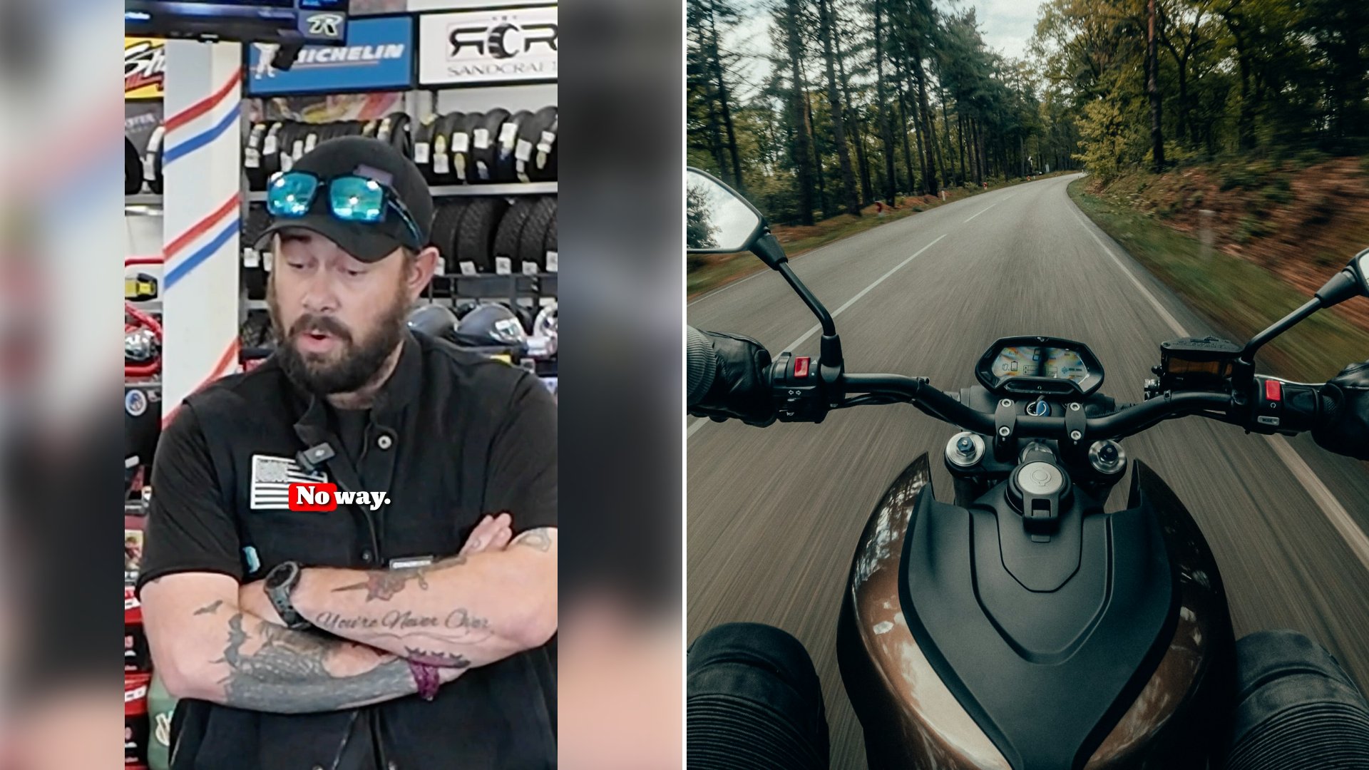 Left: cover still from an Instagram reel by @thesportchief. Right: a black and gray motorcycle on a road (Unsplash photo by Gijs Coolen).