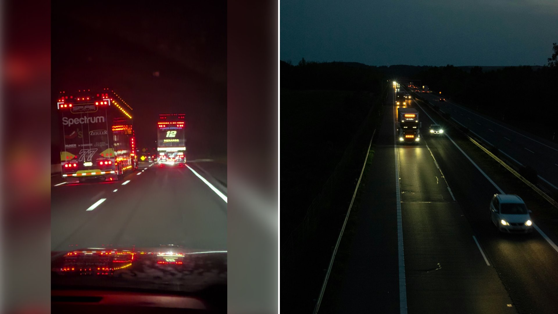 NASCAR Fan Films Carson Hocevar’s and Ryan Blaney’s Haulers on the Same Highway at Night, Says the Two Drivers Just Got in a Fight at Bristol and Jokes the Trucks Will Wreck Each Other