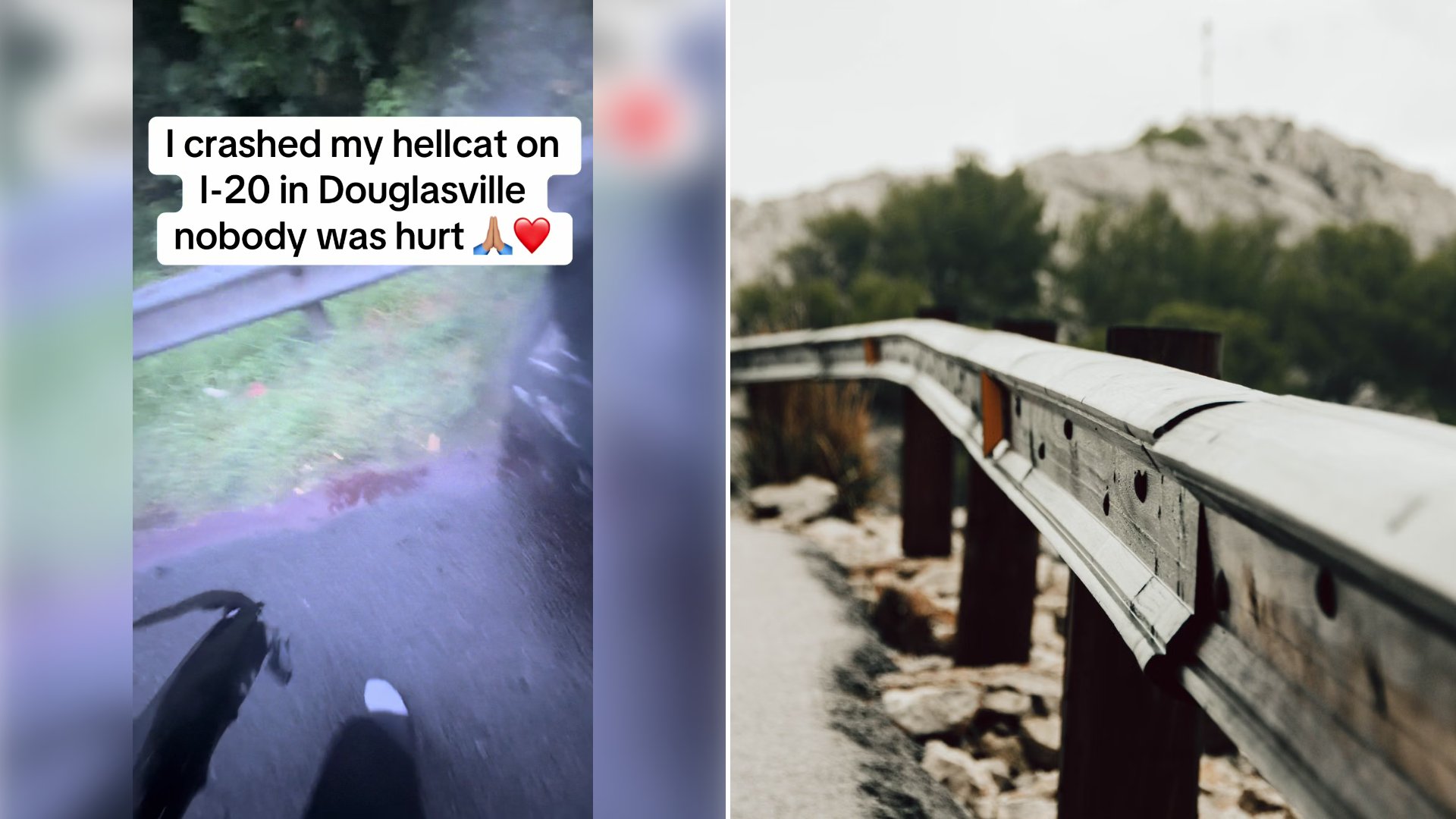 Left: cover still from a TikTok video by @srtpovcat. Right: a metal guardrail on a mountain road (Pexels photo by Soma Stilling).