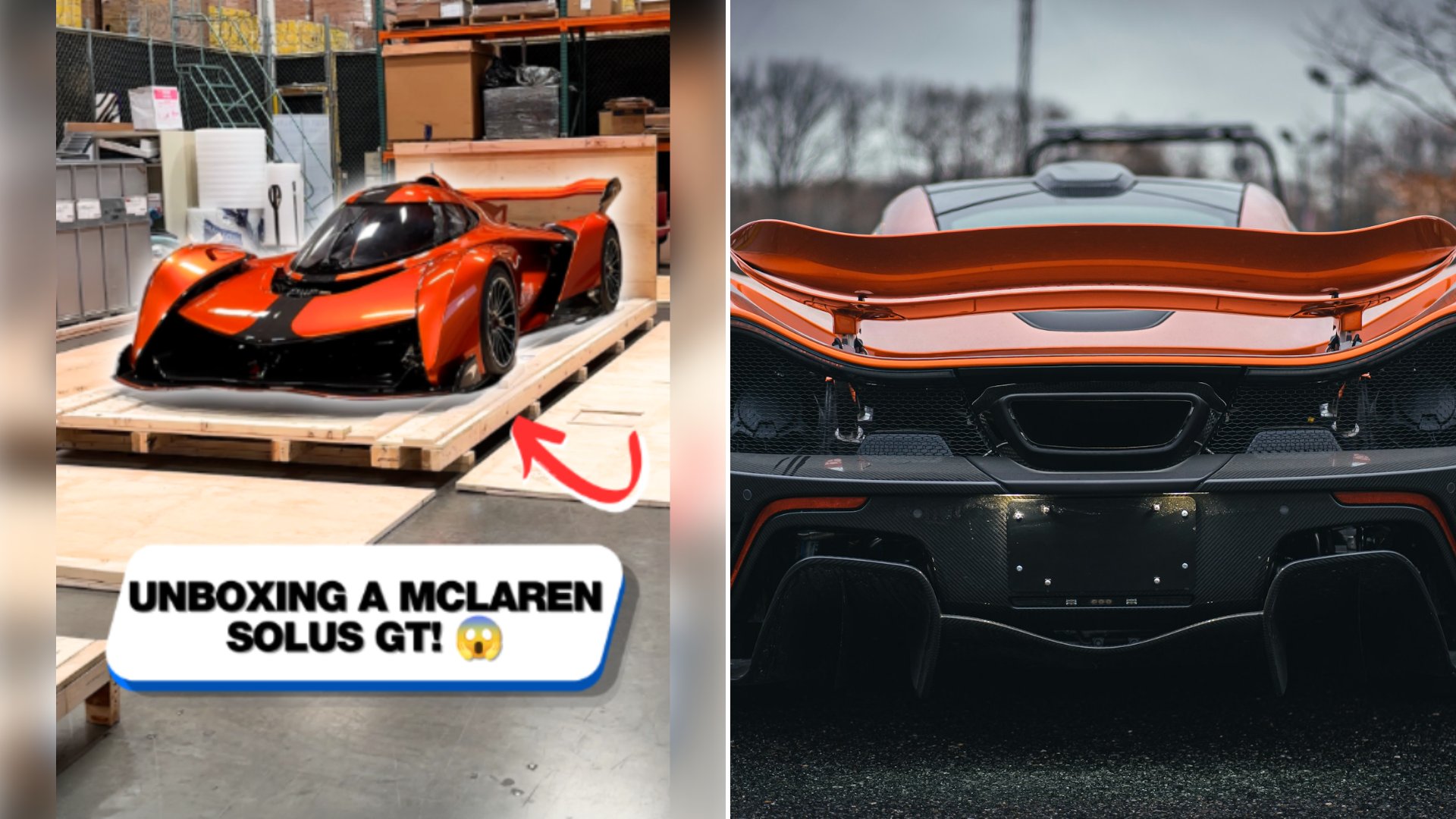 Left: cover still from a TikTok video by @supercarblondie.xtra. Right: the rear of an orange sports car (Unsplash photo by Brandon Atchison).