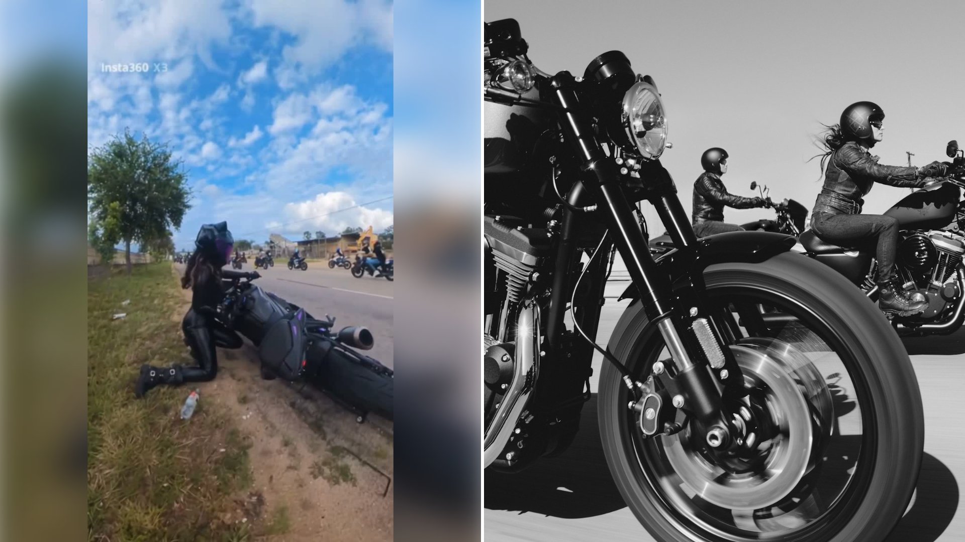 Left: cover still from an Instagram reel by @amy.satoshi. Right: motorcyclists riding on a road in a black and white photo (Unsplash photo by Harley-Davidson).