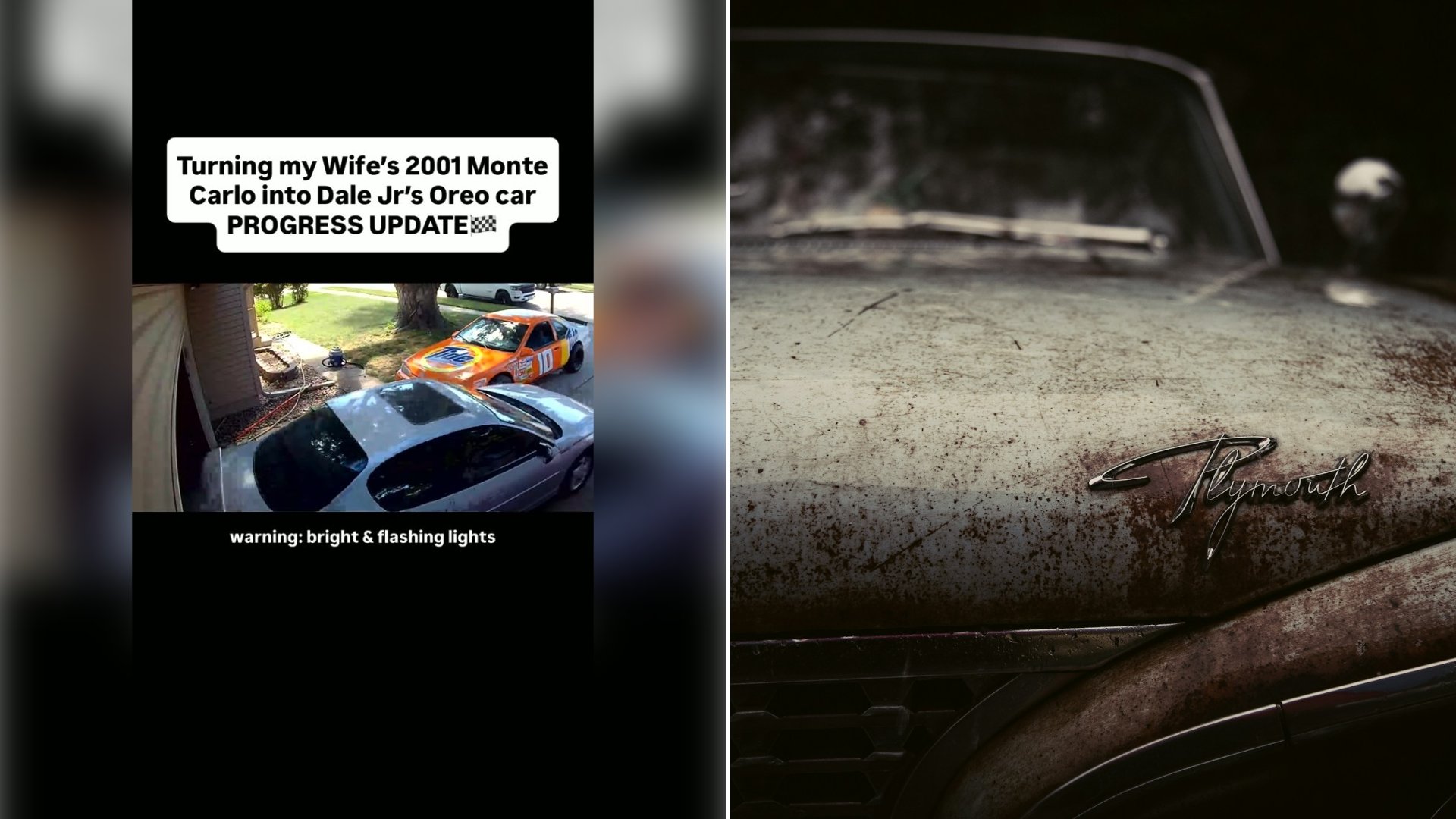 Left: cover still from an Instagram reel by @ratherberacing62. Right: a rusty vintage car up close (Unsplash photo by Eric Michael).
