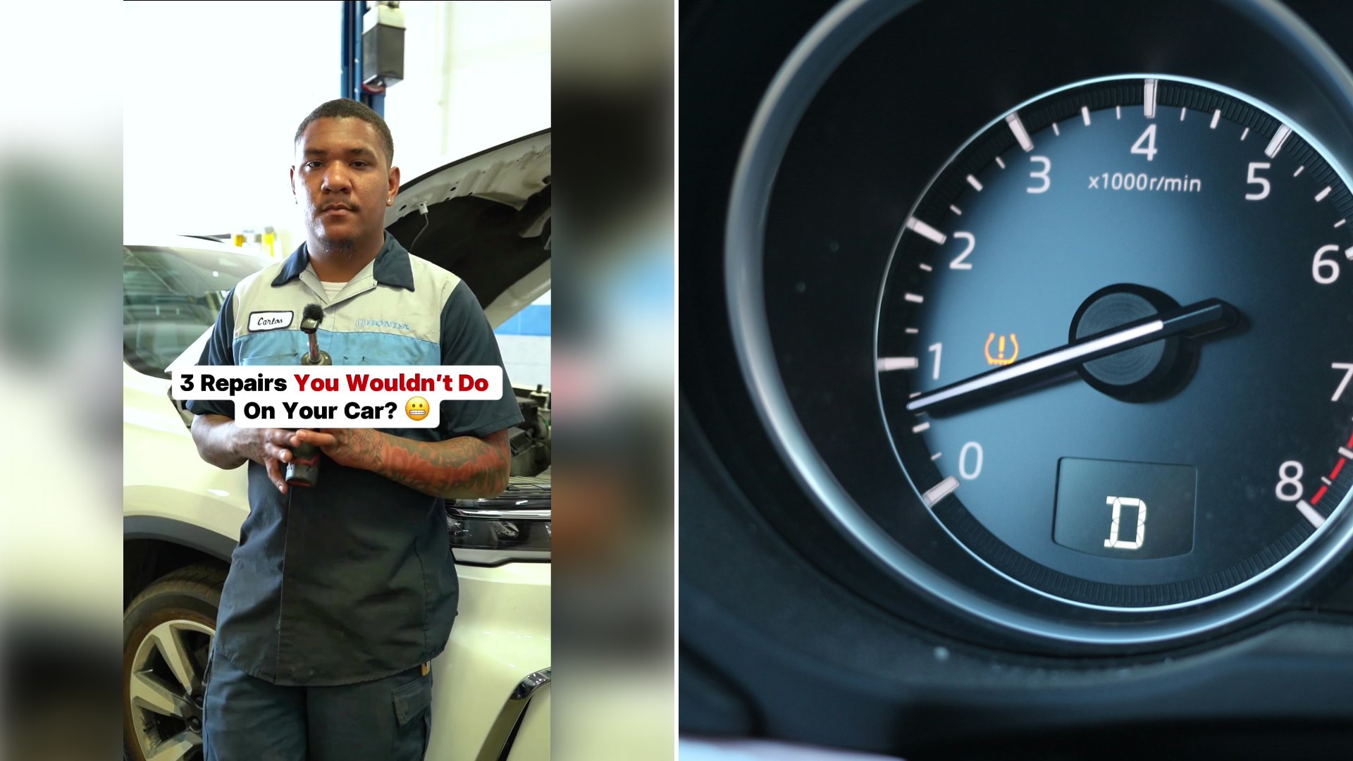 Left: cover still from a TikTok video by @columbia.honda. Right: a car instrument cluster with gauges (Unsplash photo by Compagnons).