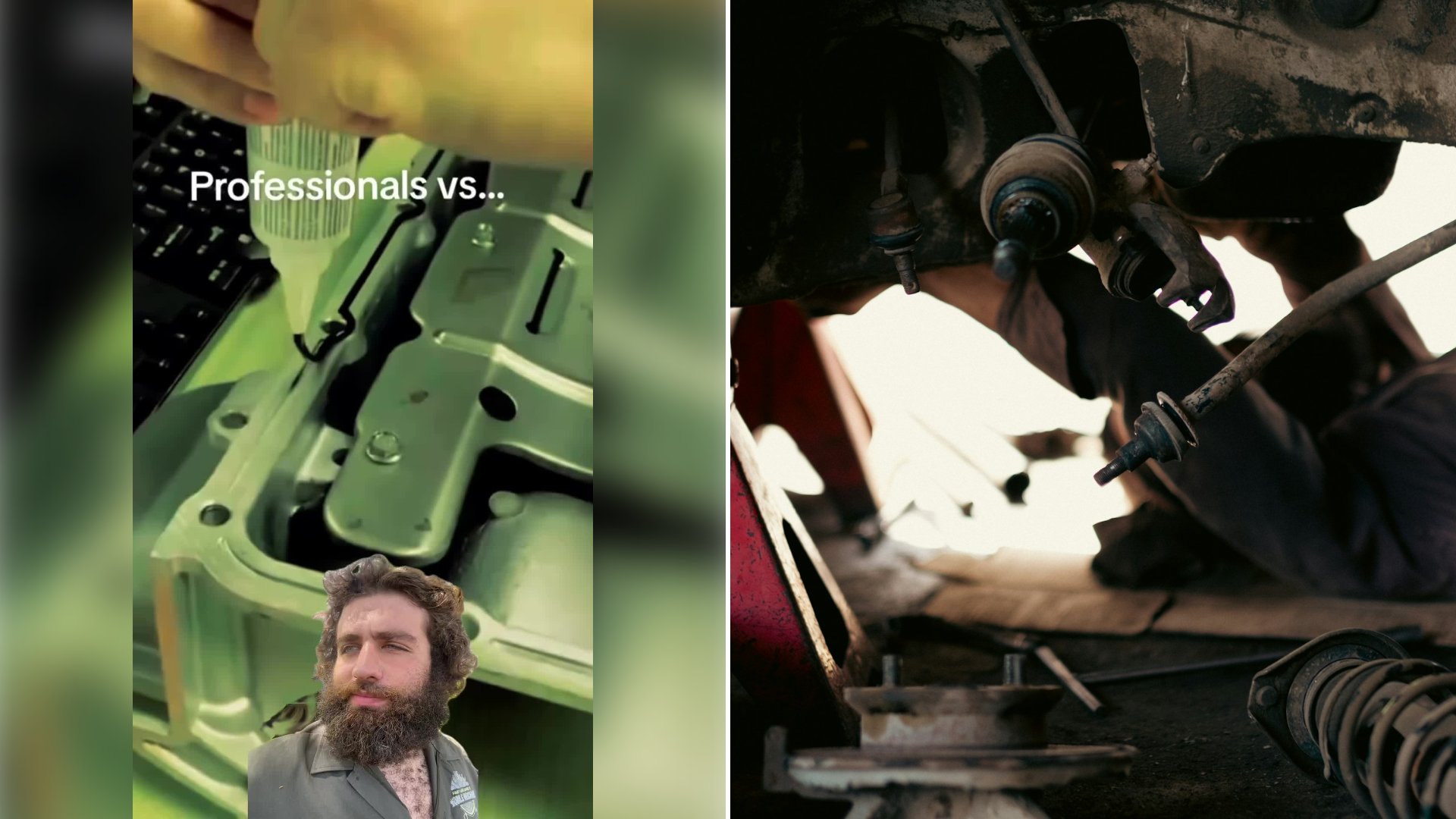 Left: cover still from a TikTok video by @mobile_mechanics. Right: the underside of a car in a garage (Unsplash photo by Tahamie Farooqui).