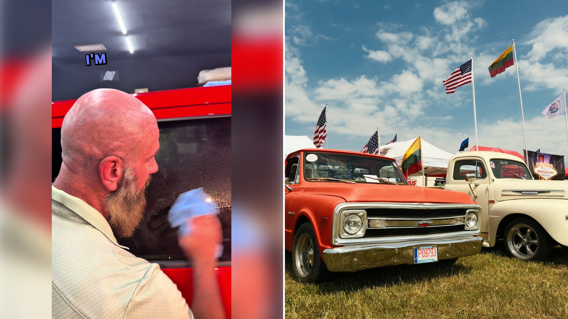 Left: cover still from a TikTok video by @detailingessentials. Right: red and cream vintage pickup trucks at an outdoor event (Unsplash photo by Bohdan Hyrovych).