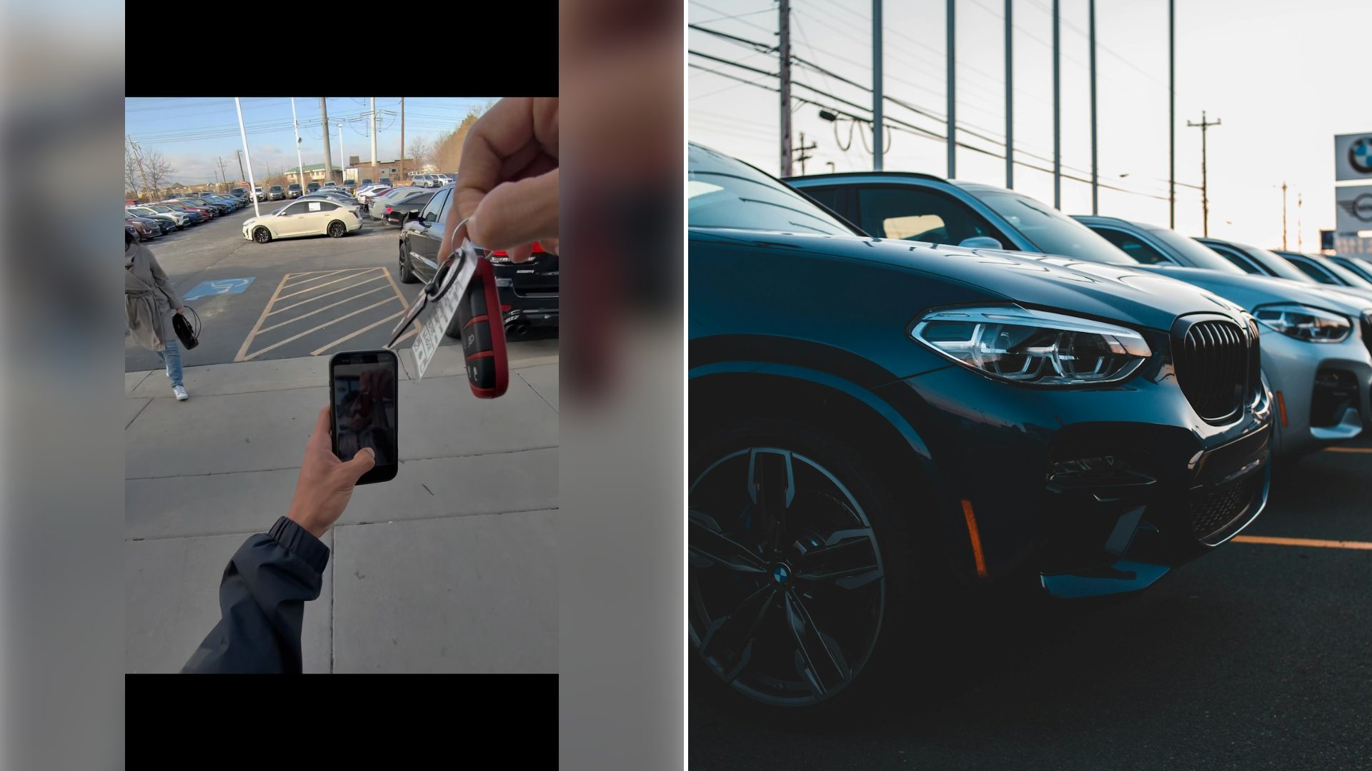 Left: cover still from an Instagram reel by @. Right: a row of cars parked in a lot (Unsplash photo by Erik Mclean).