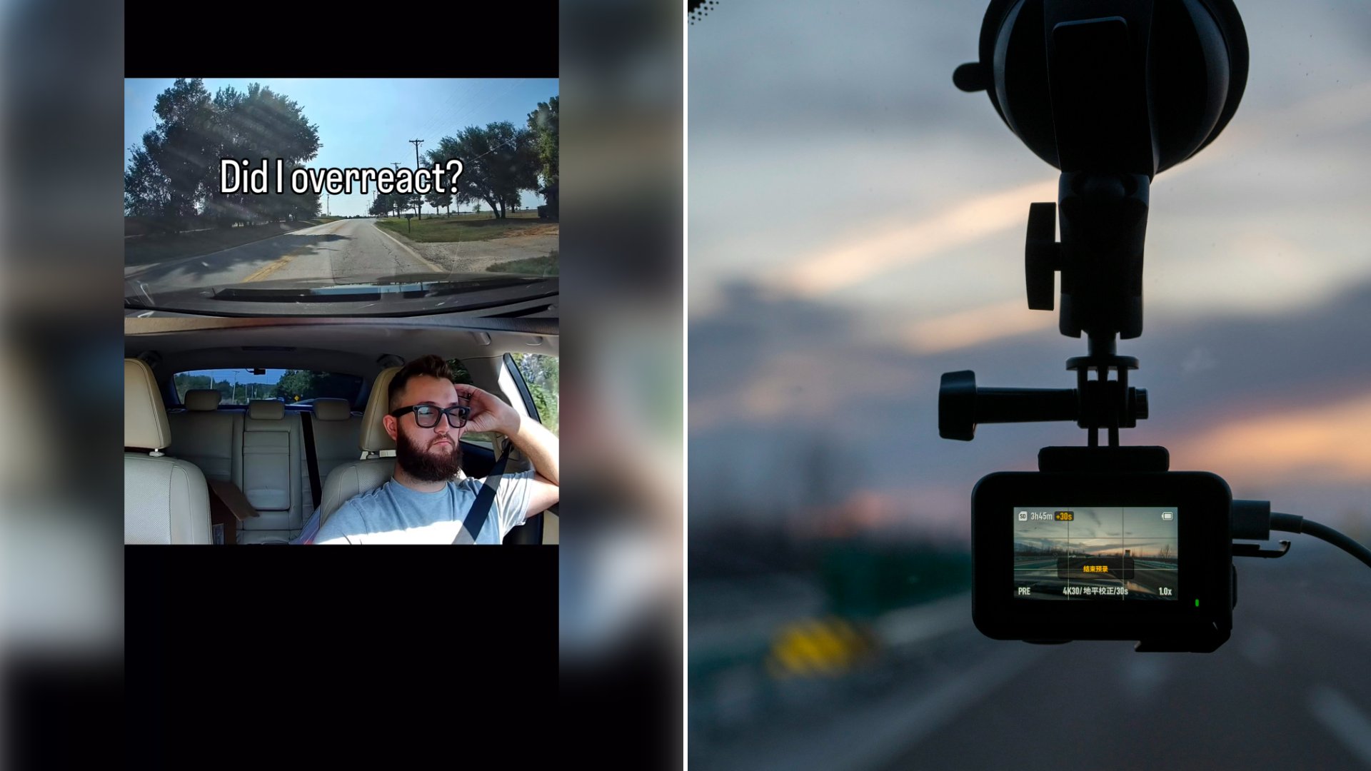 Left: cover still from an Instagram reel by @. Right: an action camera mounted on a car windshield at sunset (Unsplash photo by leoon liang).