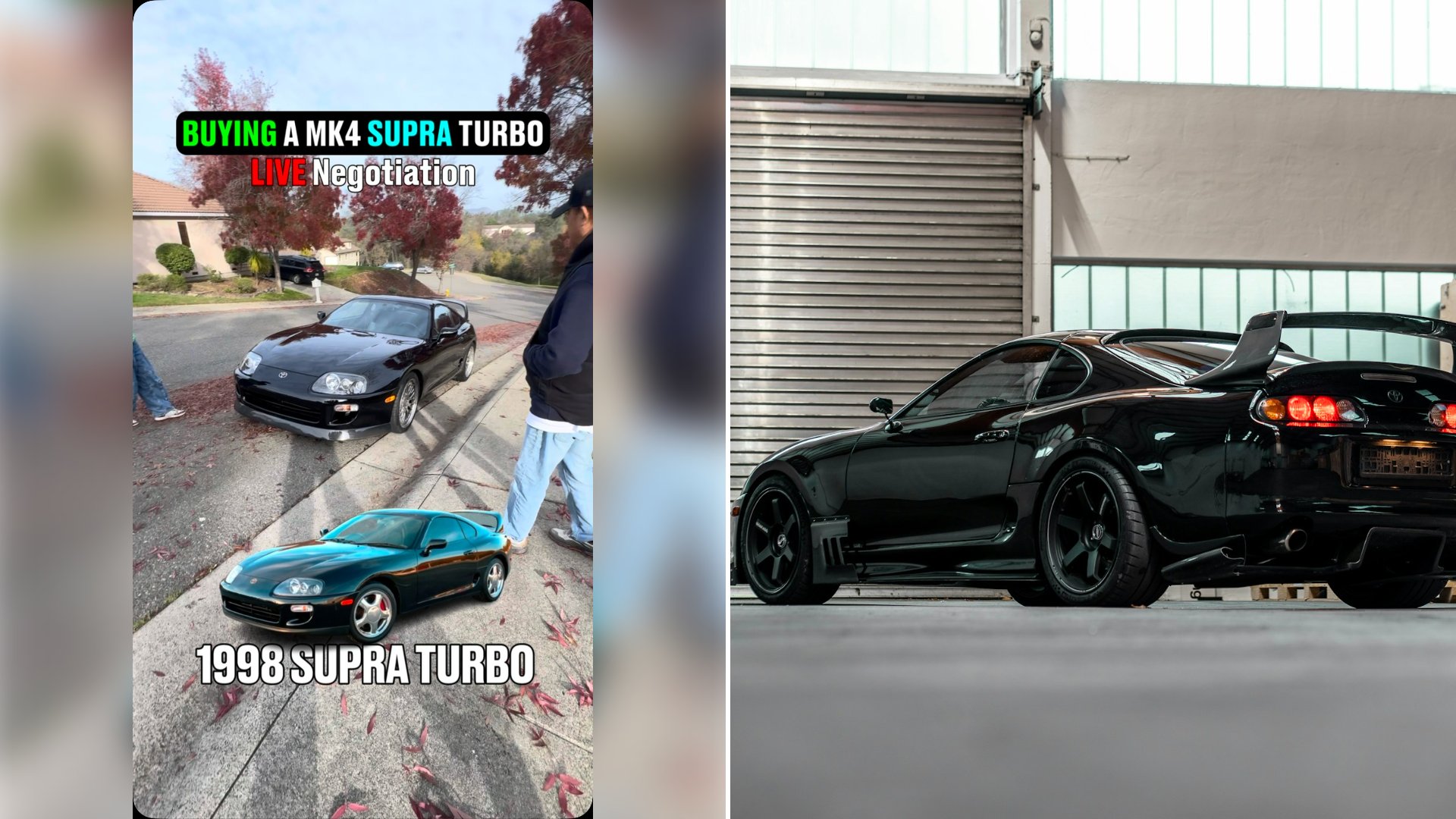 Left: cover still from an Instagram reel by @. Right: a black sports car with a rear wing parked in a warehouse (Unsplash photo by Alexandru Ivanov).