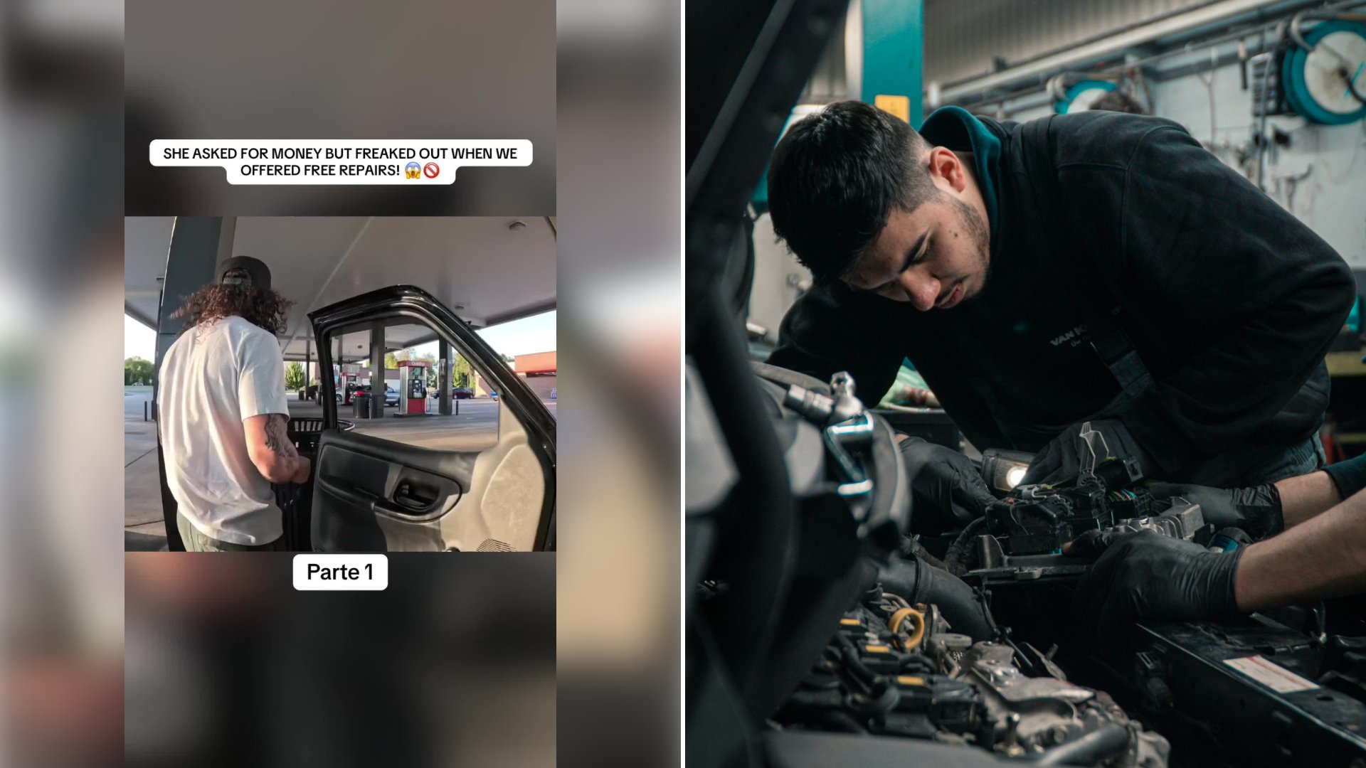 Left: cover still from a TikTok video by @aldrew19. Right: a mechanic working on a car engine (Unsplash photo by Sten Rademaker).