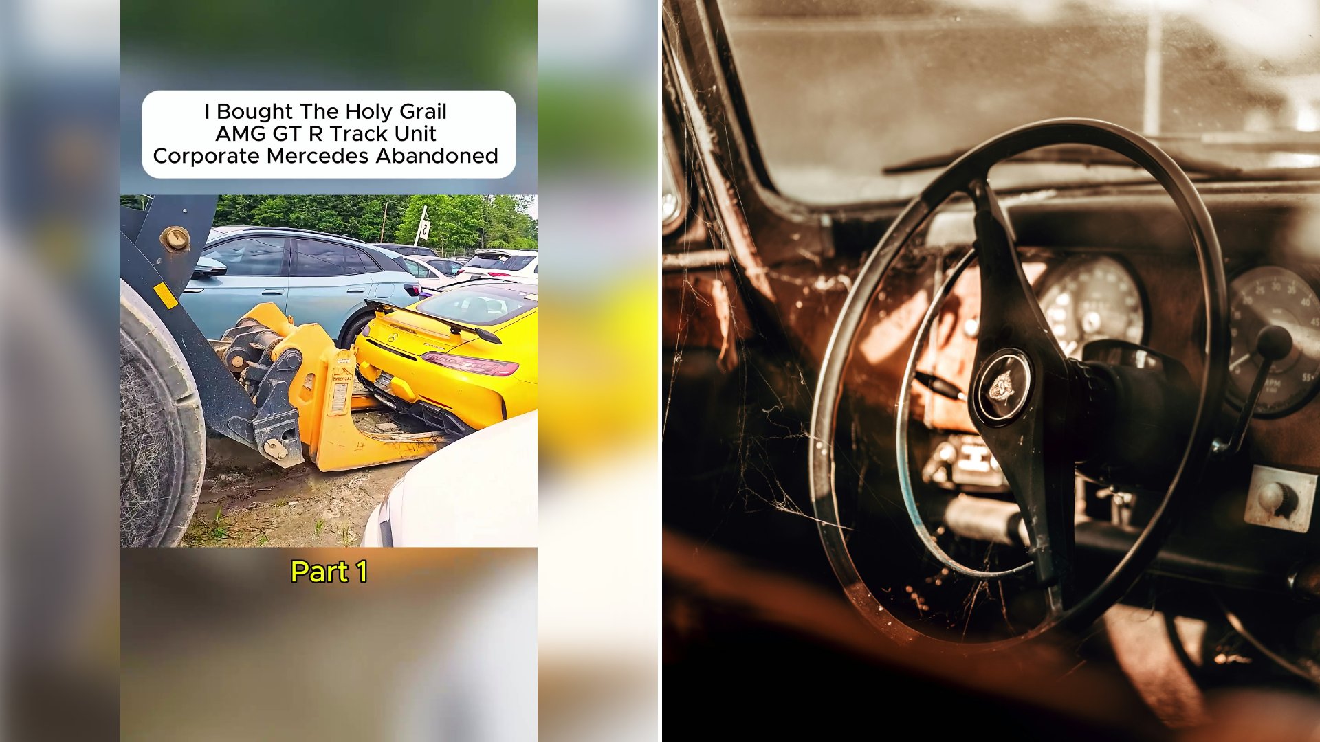 Left: cover still from a TikTok video by @sparrow00015. Right: a worn black steering wheel in an old abandoned car (Unsplash photo by Shaq Hossain).