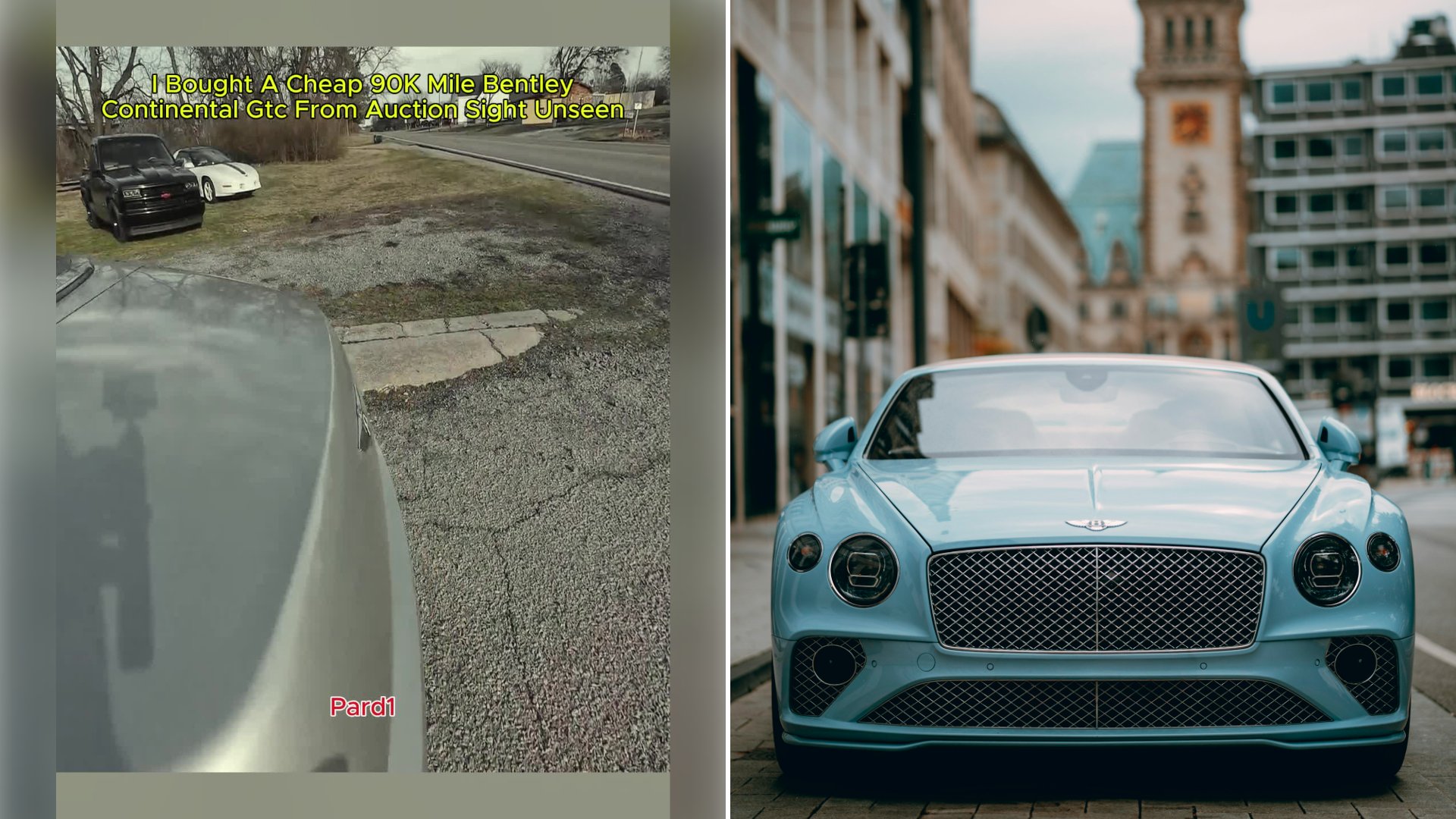 Left: cover still from a TikTok video by @thuanbuomxuoigio69. Right: a light blue Bentley parked on the street (Unsplash photo by Eric Soubeyrand de Saint Prix).