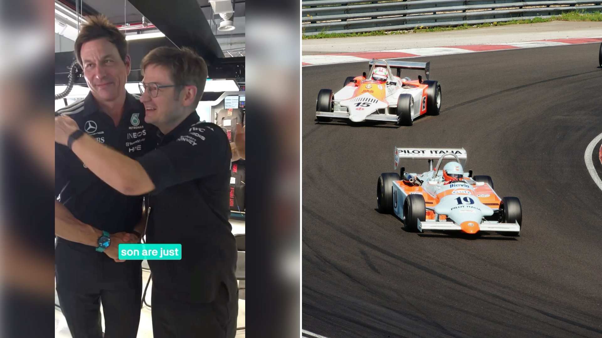 Engineer Known as Lamby Is Sent Up to the Madrid Podium by Toto Wolff Under the On Screen Text Husband and Wife Podium, Then Sprays the Champagne Over the Edge