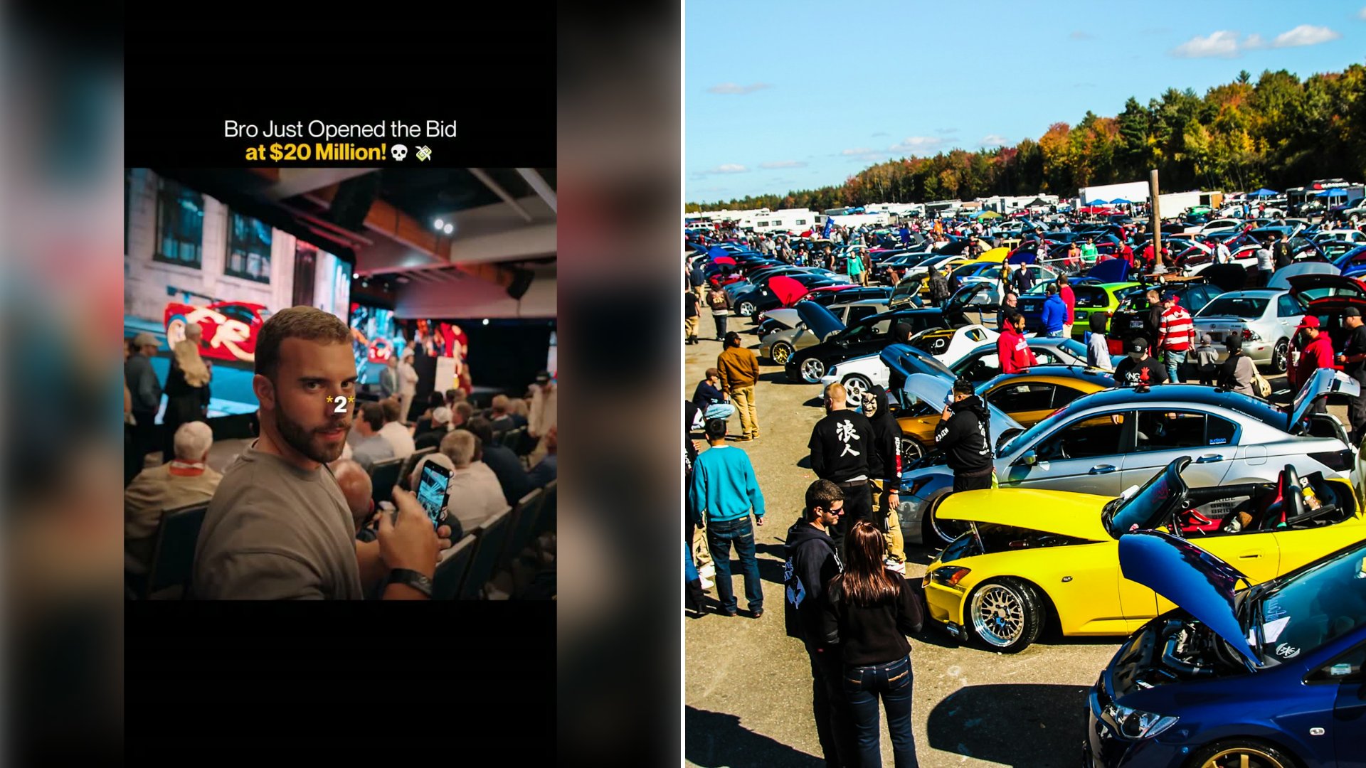 Spectator at a Packed Car Auction Films the Bidding Open at $20 Million, and the Fee Math Shows Why the Price in the Record Books Is Never the Bid Called Out in the Room