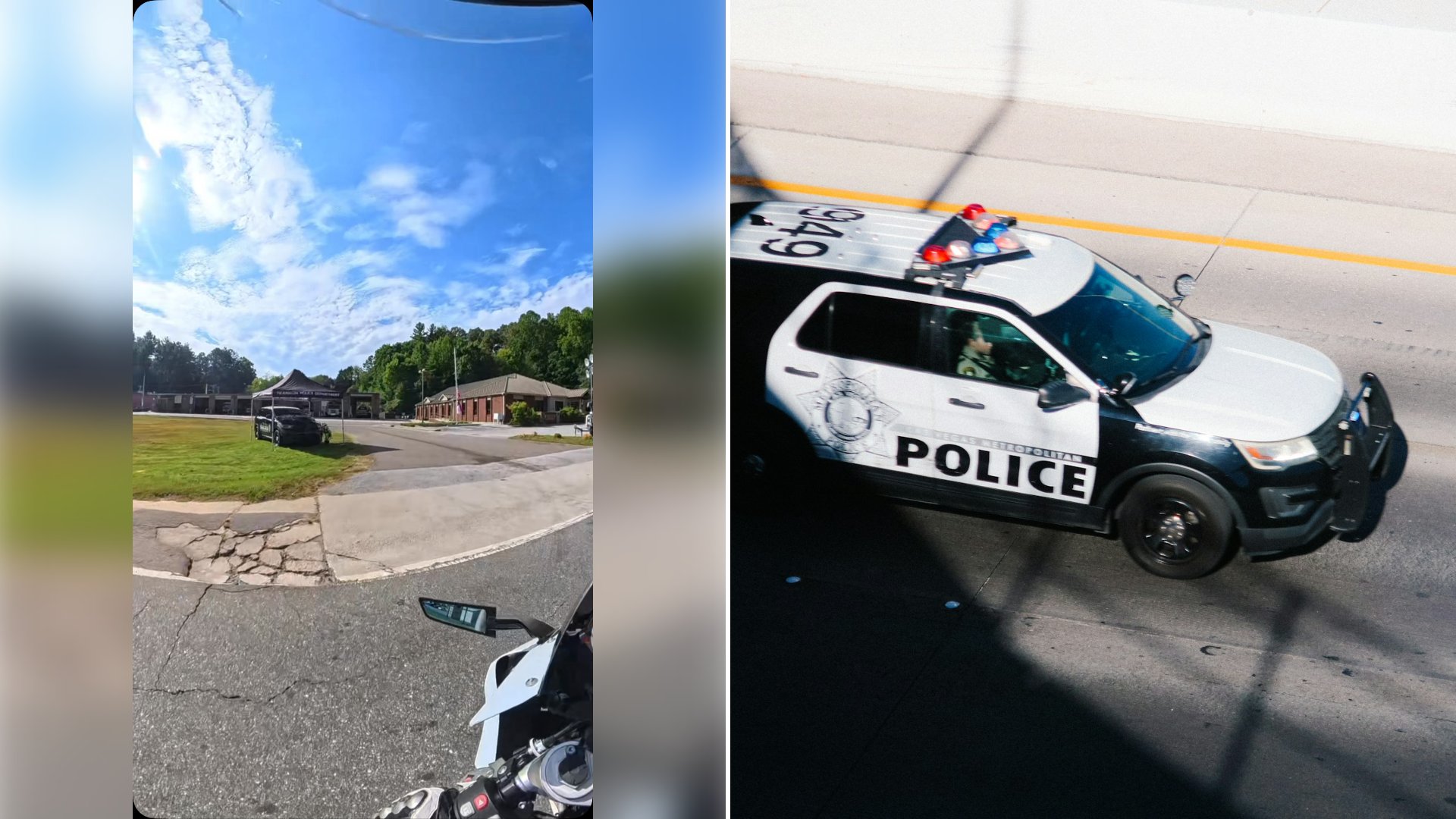 Left: cover still from an Instagram reel by @. Right: a police car parked on the side of the road (Unsplash photo by Wesley Tingey).