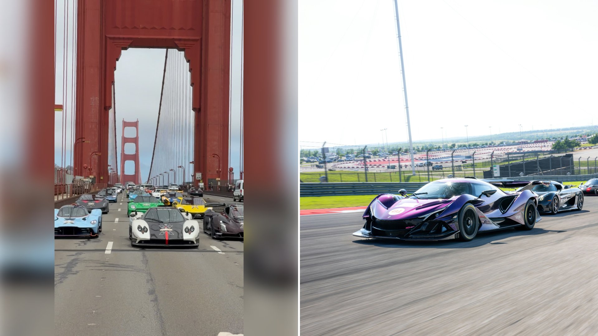 Left: cover still from an Instagram reel by @. Right: a group of cars driving down a race track (Unsplash photo by Wes Tindel).