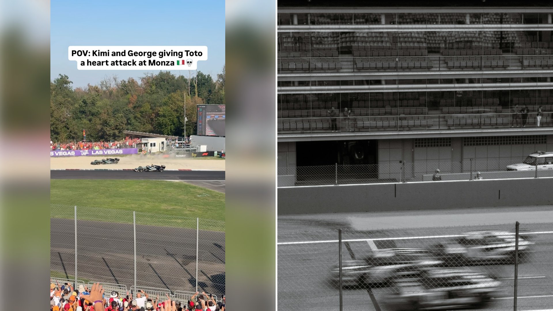 Fan Footage From the Monza Grandstand Shows Both Mercedes Cars Wheel to Wheel Through a Chicane With Dust Lifting Beside Them, Captioned as Toto Wolff Aging 10 Years in 3 Seconds