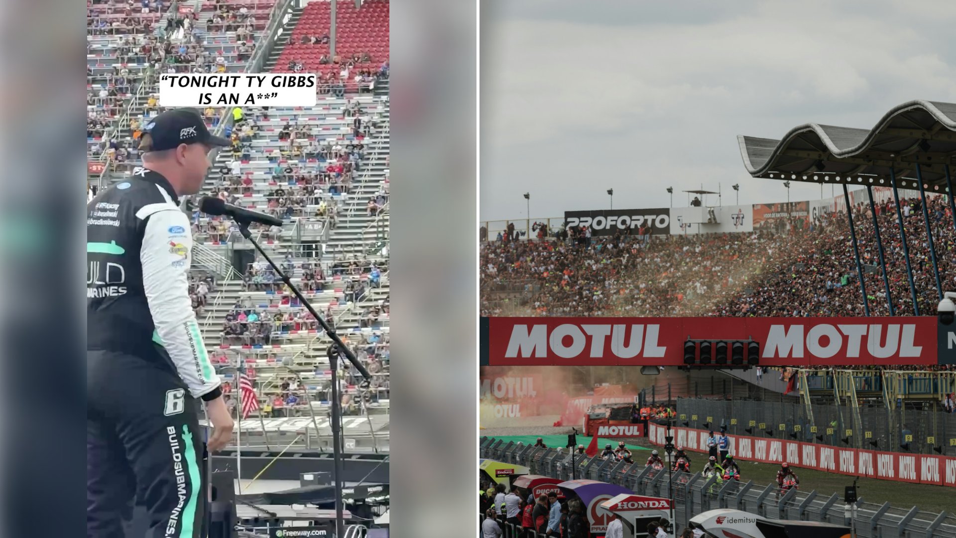 Driver Brad Keselowski Waves to the Bristol Crowd Under On Screen Text That Quotes a Censored Line About Ty Gibbs, Who Drove Kyle Busch’s M&M’s Tribute Car That Night