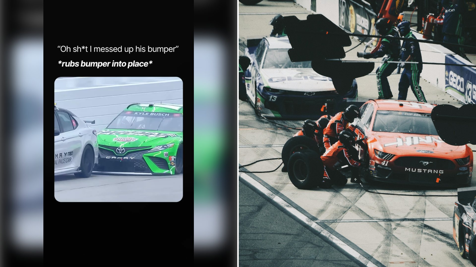 Driver Kyle Busch Noses His Wrecked No. 18 Into the Back of the Pace Car Under Caution at New Hampshire After Rain Took Him Out of the Lead, and NASCAR Never Penalized Him