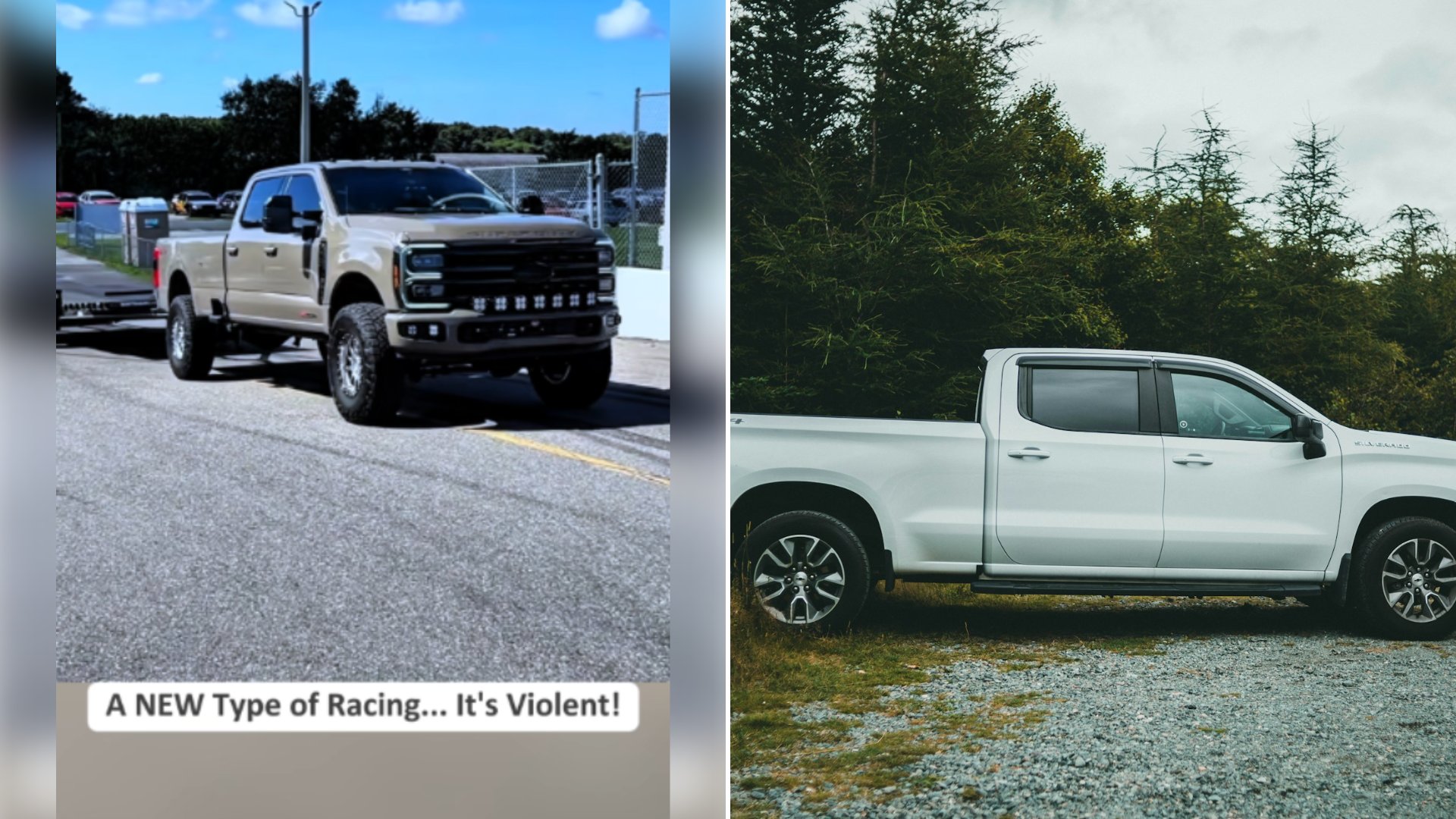 Left: cover still from a TikTok video by @cleetus.ytb. Right: a white crew cab pickup truck on the road (Unsplash photo by Jonathan Cooper).