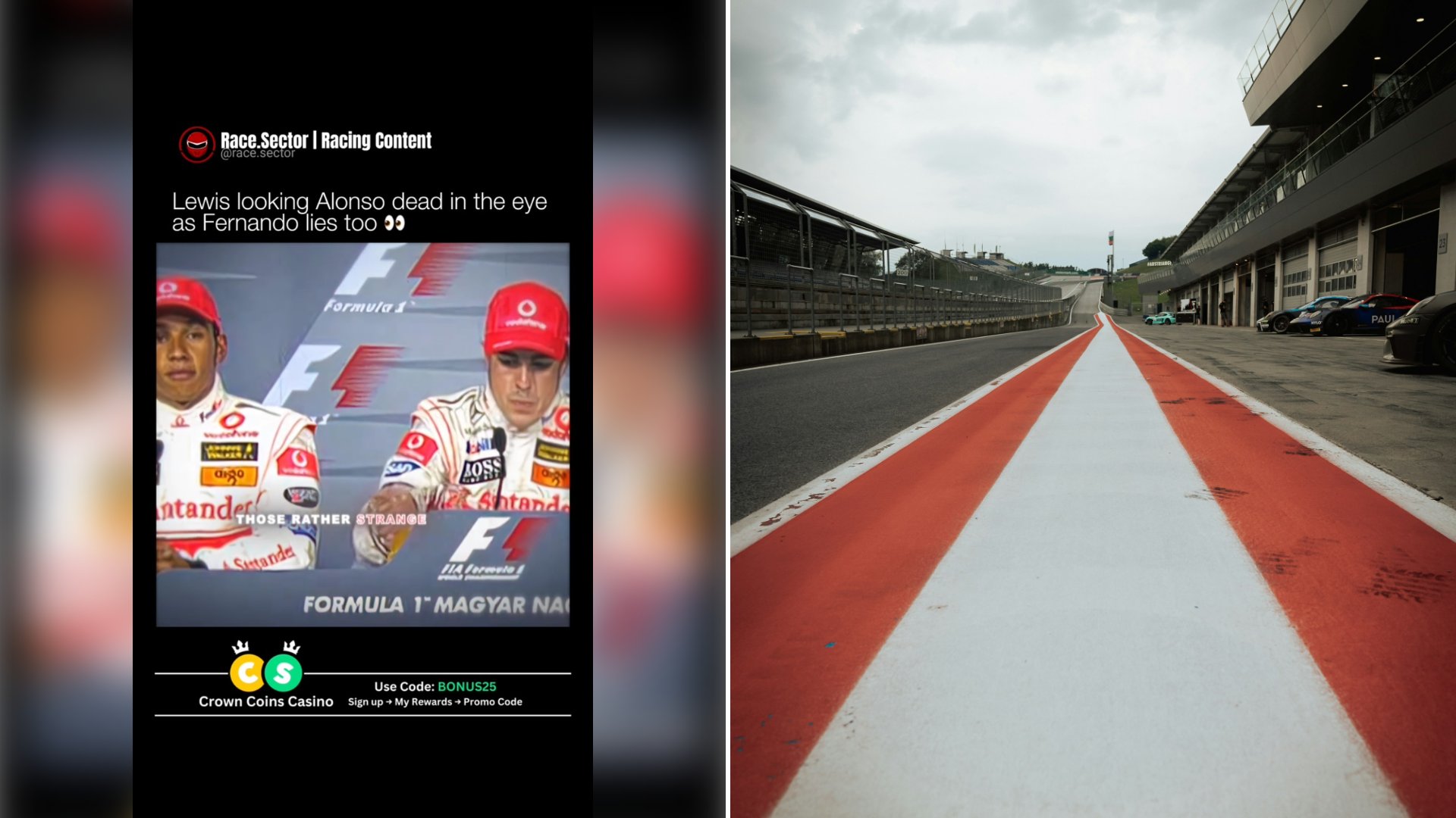 Left: cover still from an Instagram reel by @. Right: a race track with red and white curbs (Unsplash photo by Chris Kursikowski).