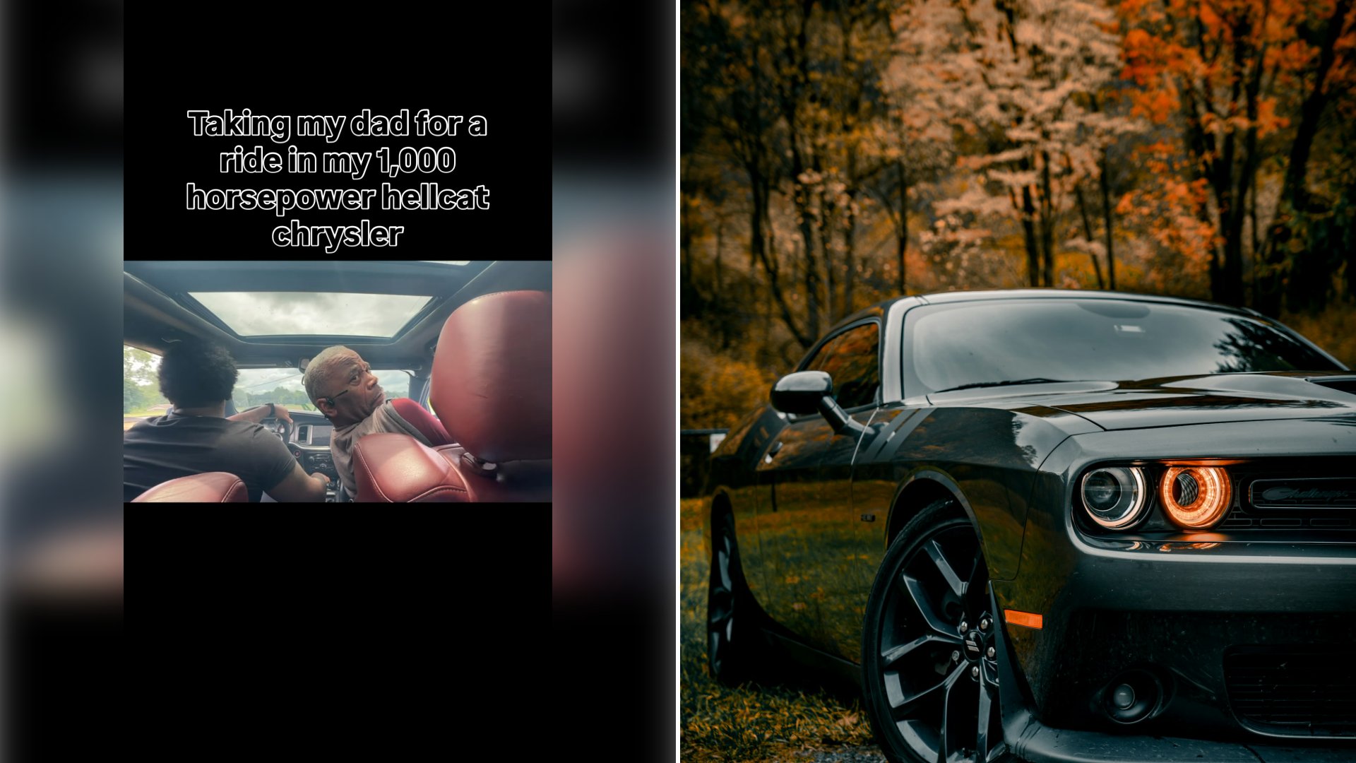 Left: cover still from an Instagram reel by @. Right: a dark grey muscle car parked on a gravel path before autumn trees (Unsplash photo by Haidong Liang).