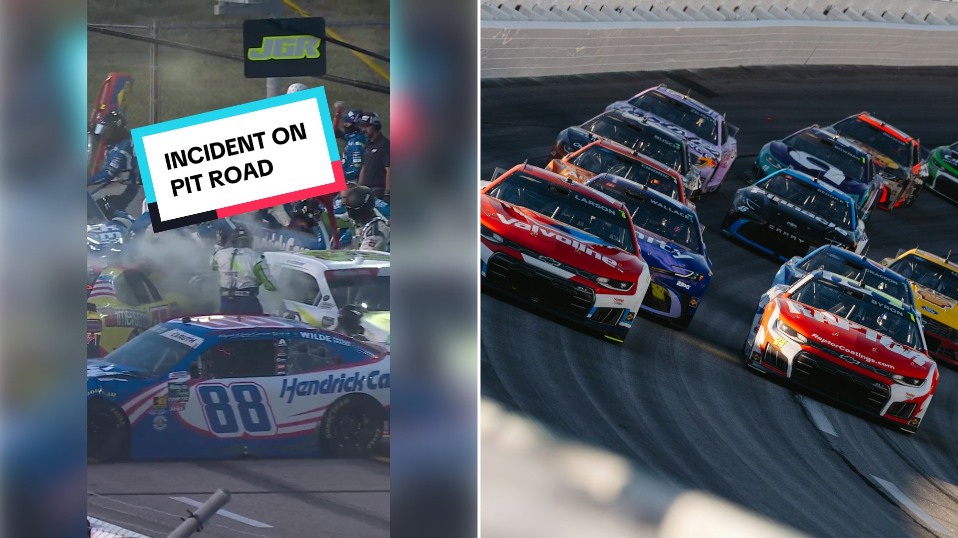 Pit Crew Servicing the No. 19 Has Their Backs Turned as Cars Pile Up at Pit Entry in Gateway, and Their Rear Tire Changer Later Says He Ended Up Lying Over the Top of the Jack