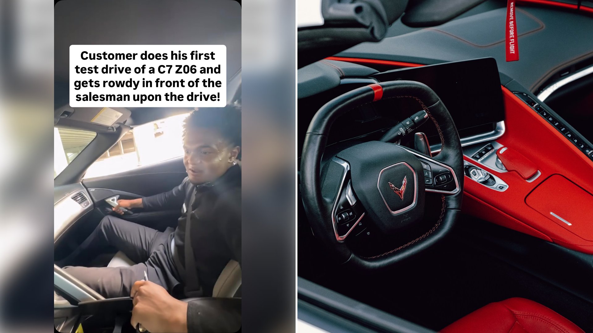 Left: cover still from an Instagram reel by @. Right: a red and black sports car interior with steering wheel (Unsplash photo by Adrian Newell).