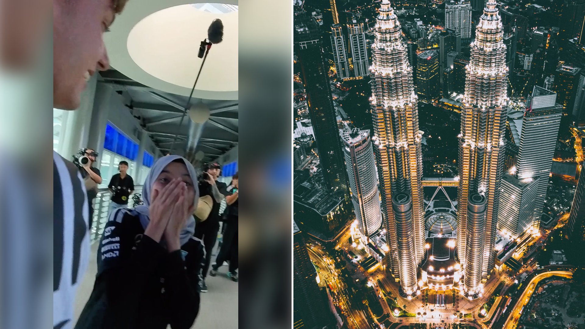 Left: cover still from an Instagram reel by @. Right: the twin towers in Kuala Lumpur at sunset (Unsplash photo by Izuddin Helmi Adnan).