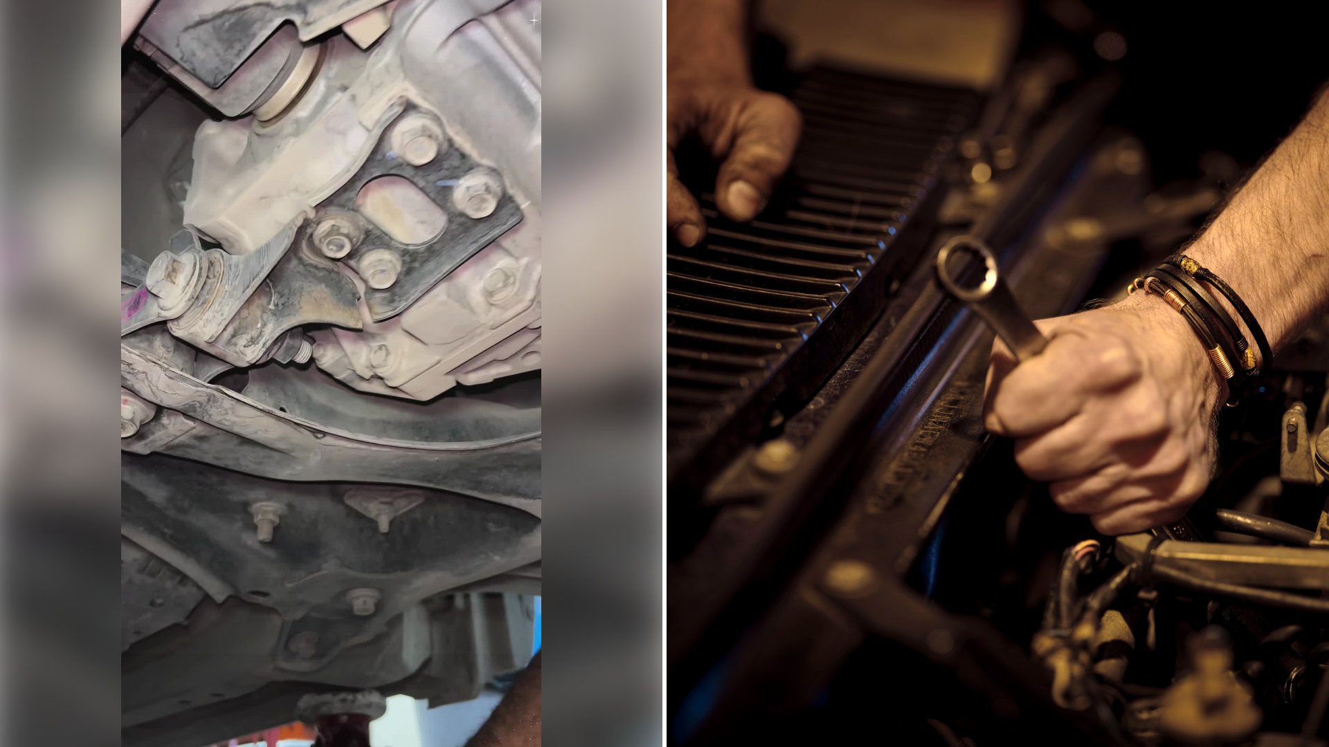 Left: cover still from a TikTok video by @mapp.angus. Right: greasy hands working on a car engine with a metal wrench (Unsplash photo by Christian Buehner).