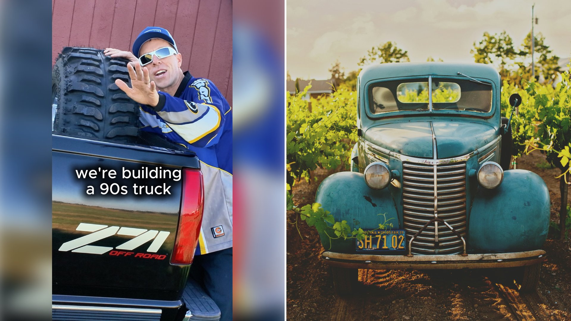 Left: cover still from an Instagram reel by @. Right: a blue vintage car on a dirt road (Unsplash photo by Cayton Heath).