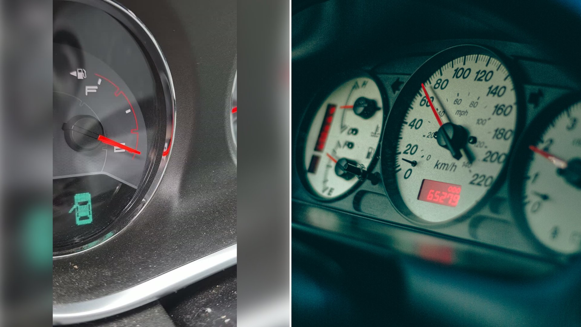 Left: cover still from an Instagram reel by @. Right: a close up of a car dashboard with gauges (Unsplash photo by Rohit Tandon).