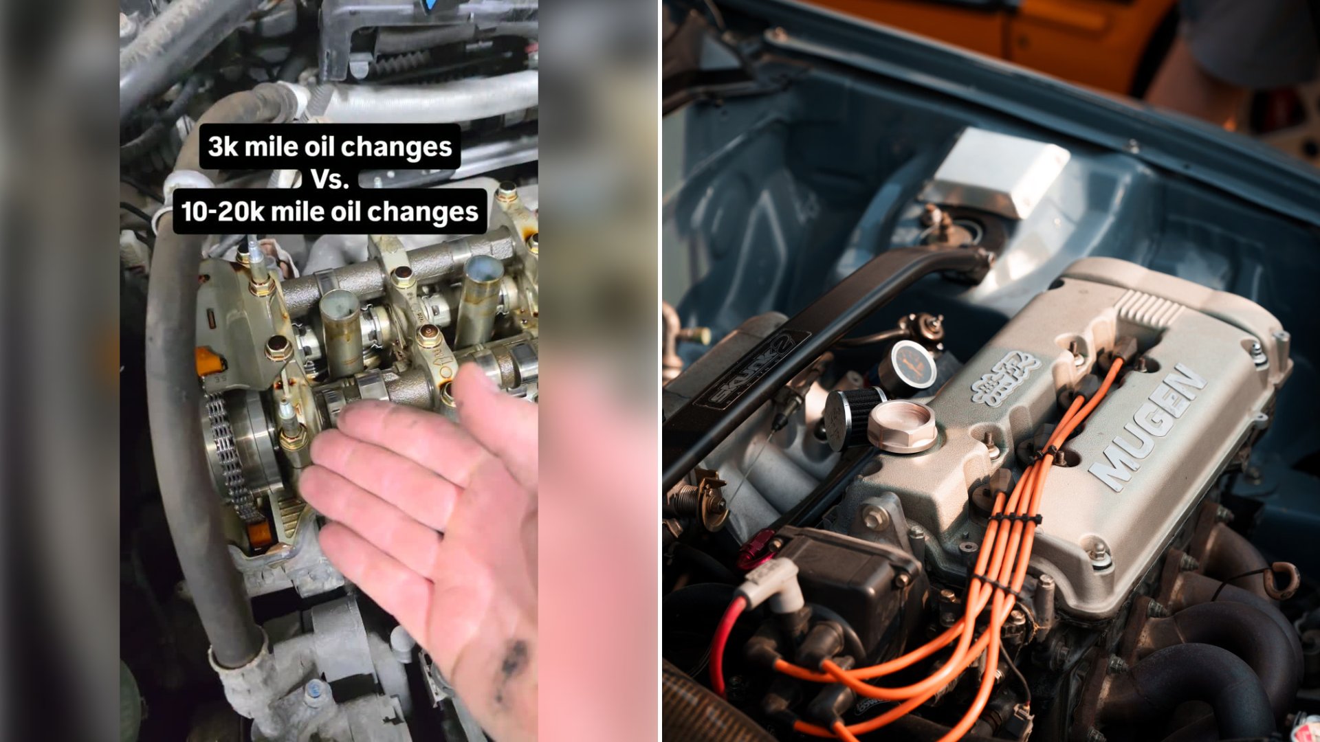 Left: cover still from an Instagram reel by @. Right: a modified car engine with a Mugen valve cover (Pexels photo by Artem Krapivin).