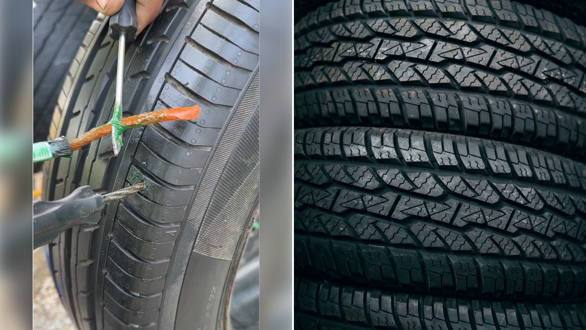 Tire Repairer Holds a Loaded Plug Tool Beside a Screw Sunk Into a Tire’s Tread Under a Caption Calling a Tubeless Kit Repair Easy, but Tire Makers Say a Plug Alone Falls Short