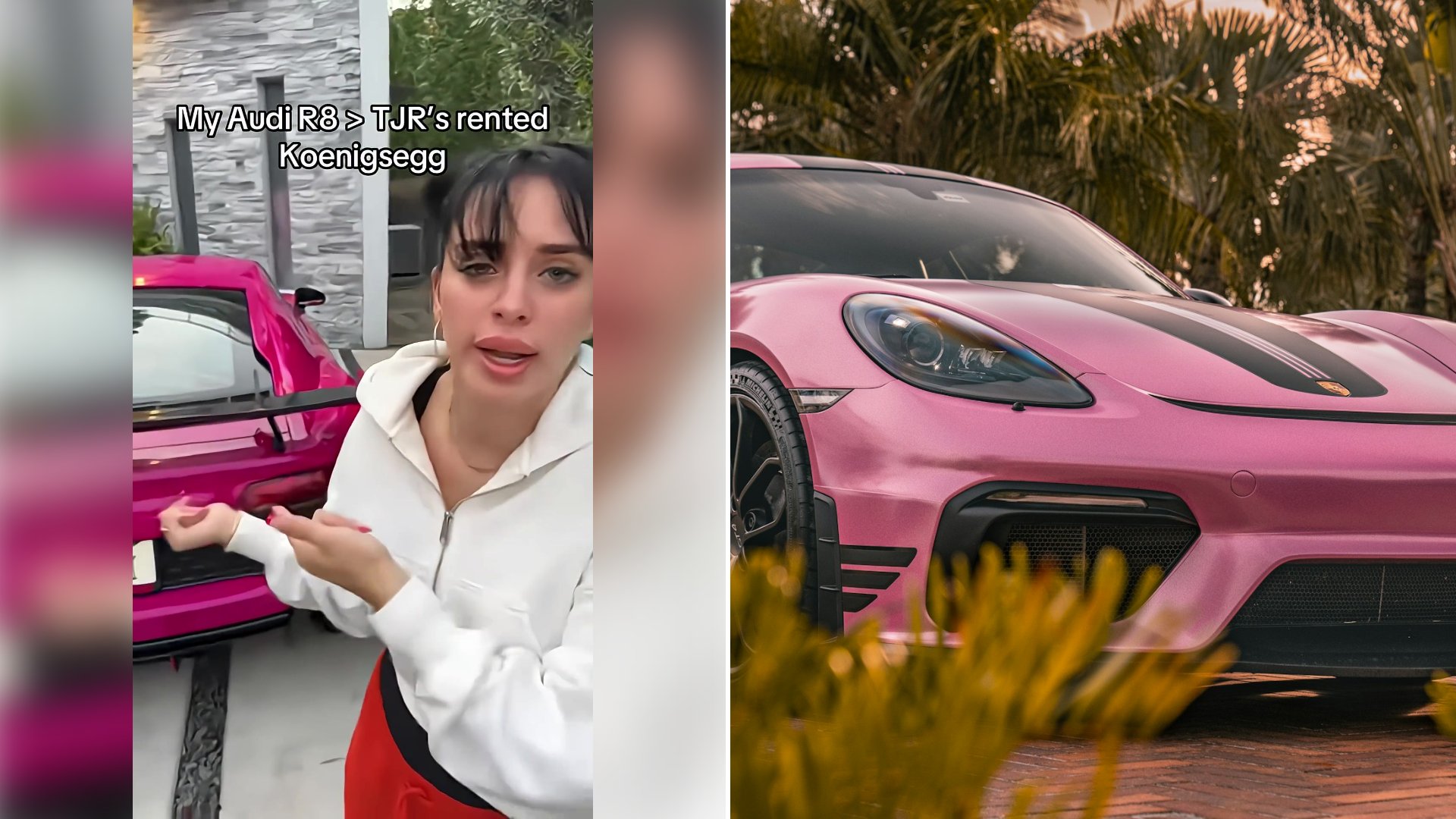 Influencer Camilla Araujo Poses by a Pink Audi R8 Under Text Calling TJR’s Koenigsegg Rented, Then a Fan Page Cuts to a Garage Clip With the Text You Can’t Rent a Koenigsegg